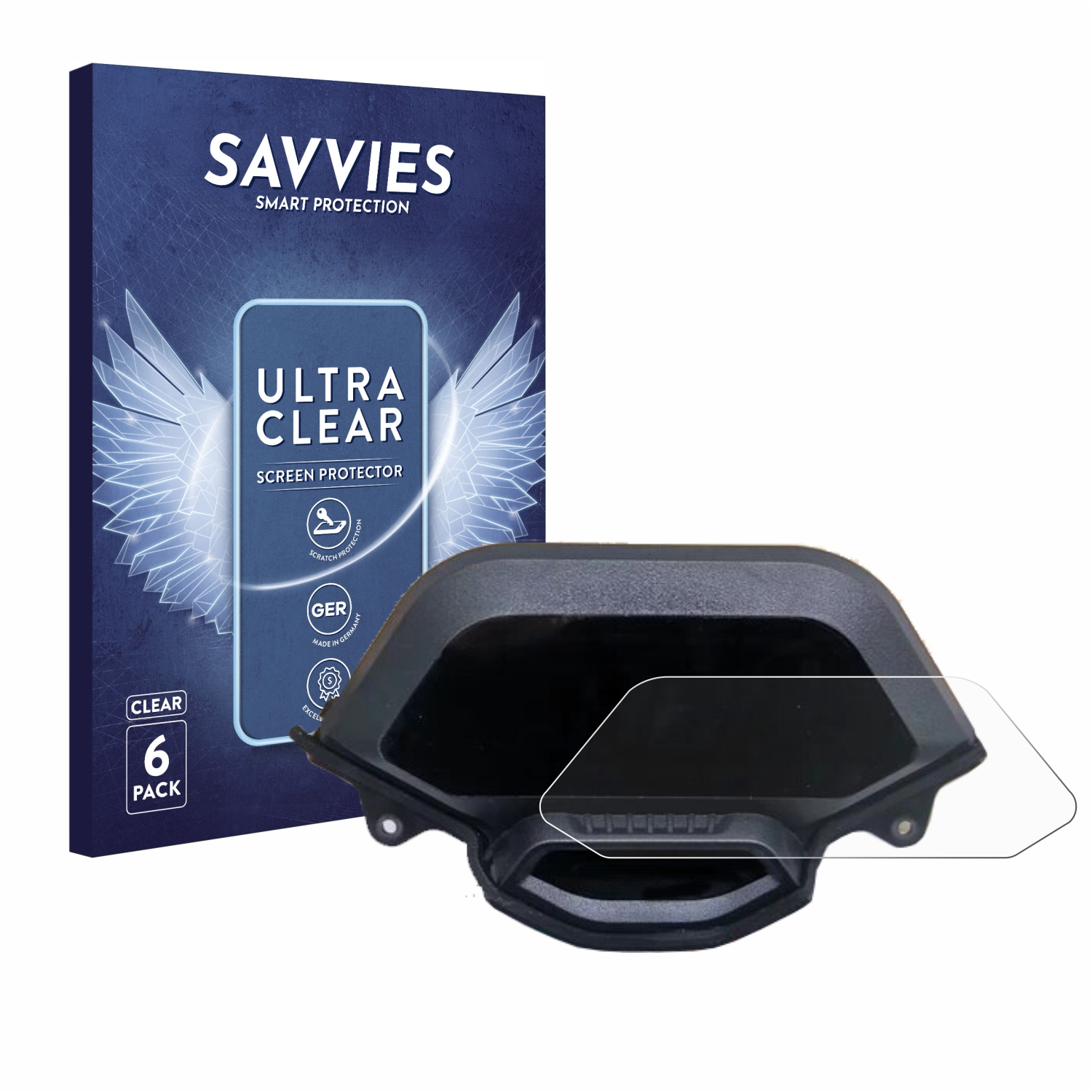Schwarzes Armaturenbrett mit klarer Displayschutzfolie und Box. Die Box sagt 'SAVVIES' und 'ULTRA CLEAR'.