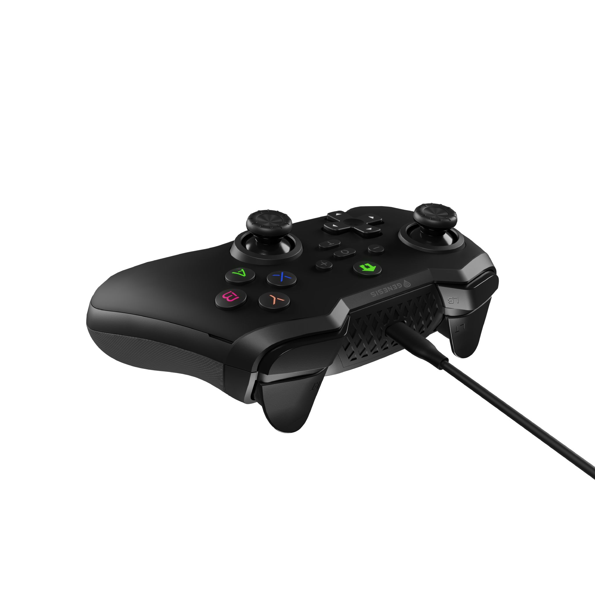 Black Genesis gamepad with buttons, a cable is connected. It's against a white background.