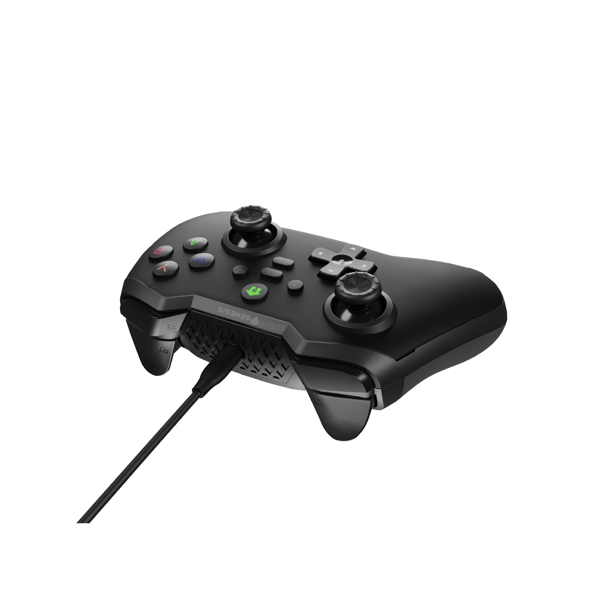A black Genesis game controller connected to a wire, set against white.
