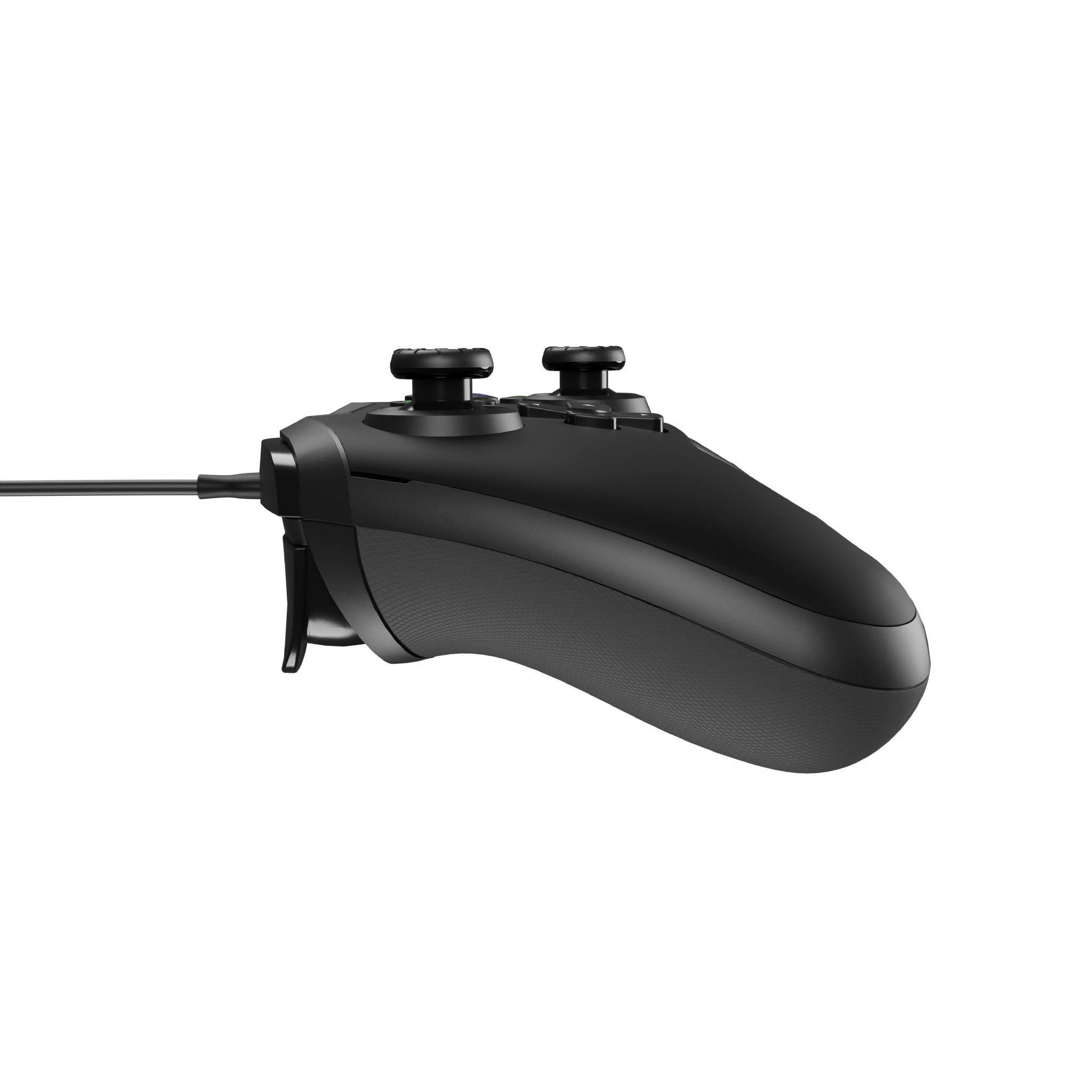 Black game controller with two joysticks and buttons. Side view.