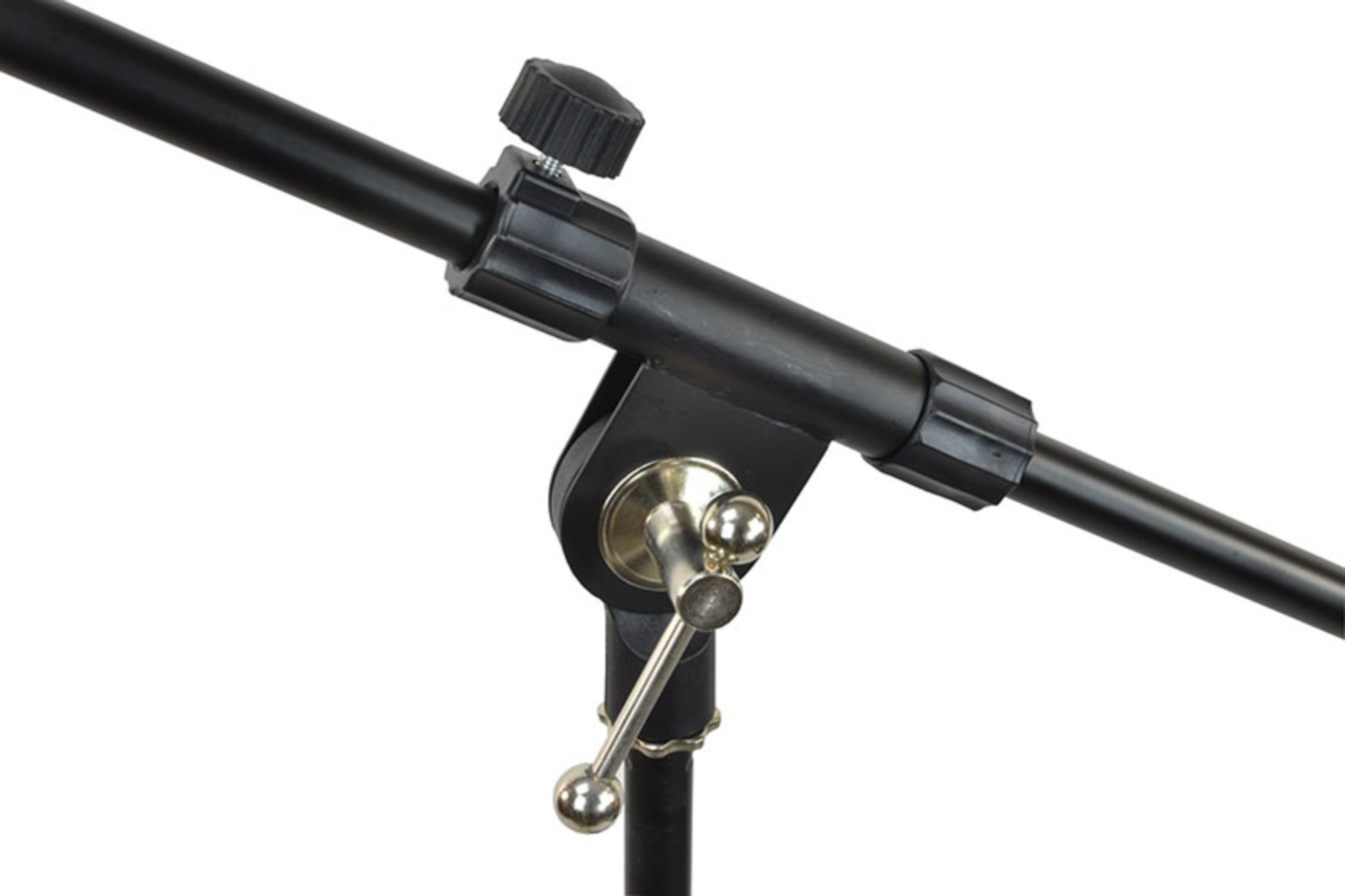 Schwarzer Mikrofonständer. Winkel einstellbar. Schwarze Stangen und Knöpfe.