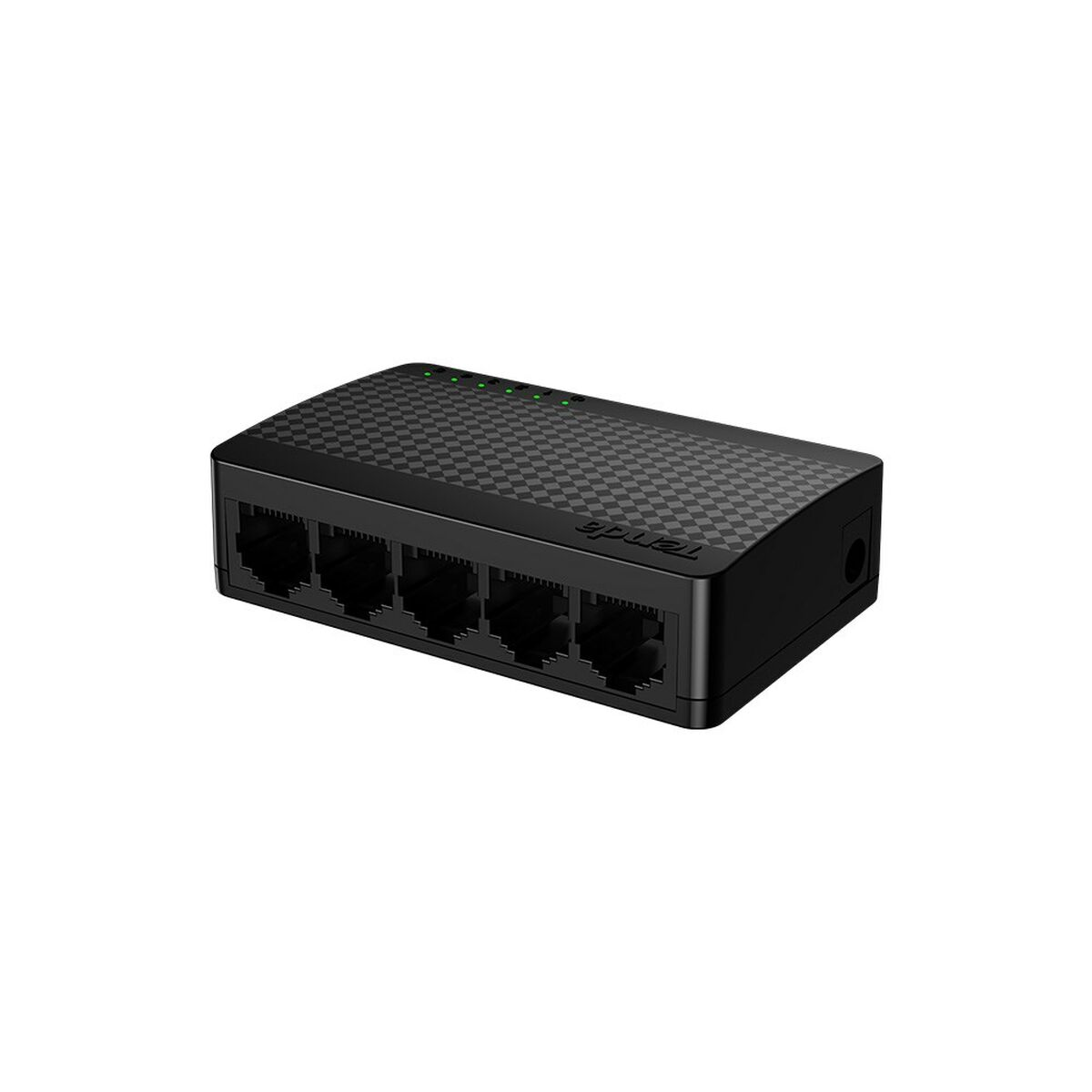 Switch di rete nero con cinque porte. Lo switch ha un motivo a scacchi sulla parte superiore.