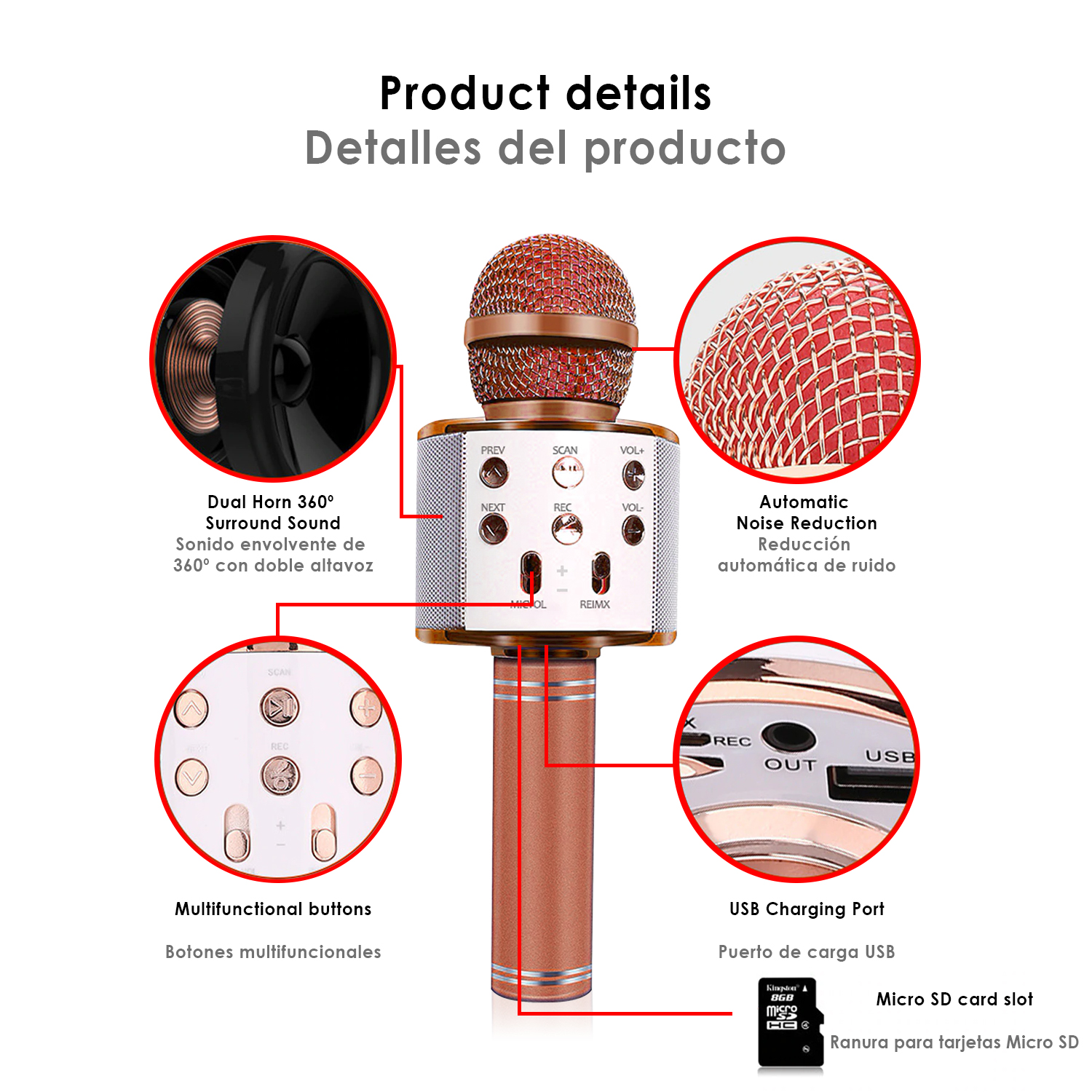 Microfono oro rosa con pulsanti e porta USB. I dettagli del prodotto sono mostrati.