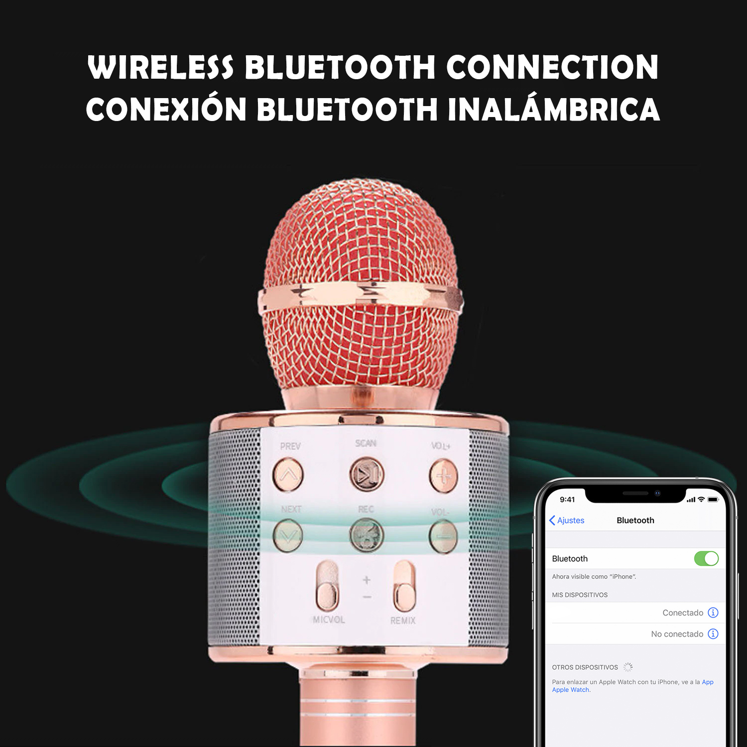 Un microfono color oro rosa con uno smartphone che mostra la connessione Bluetooth.
