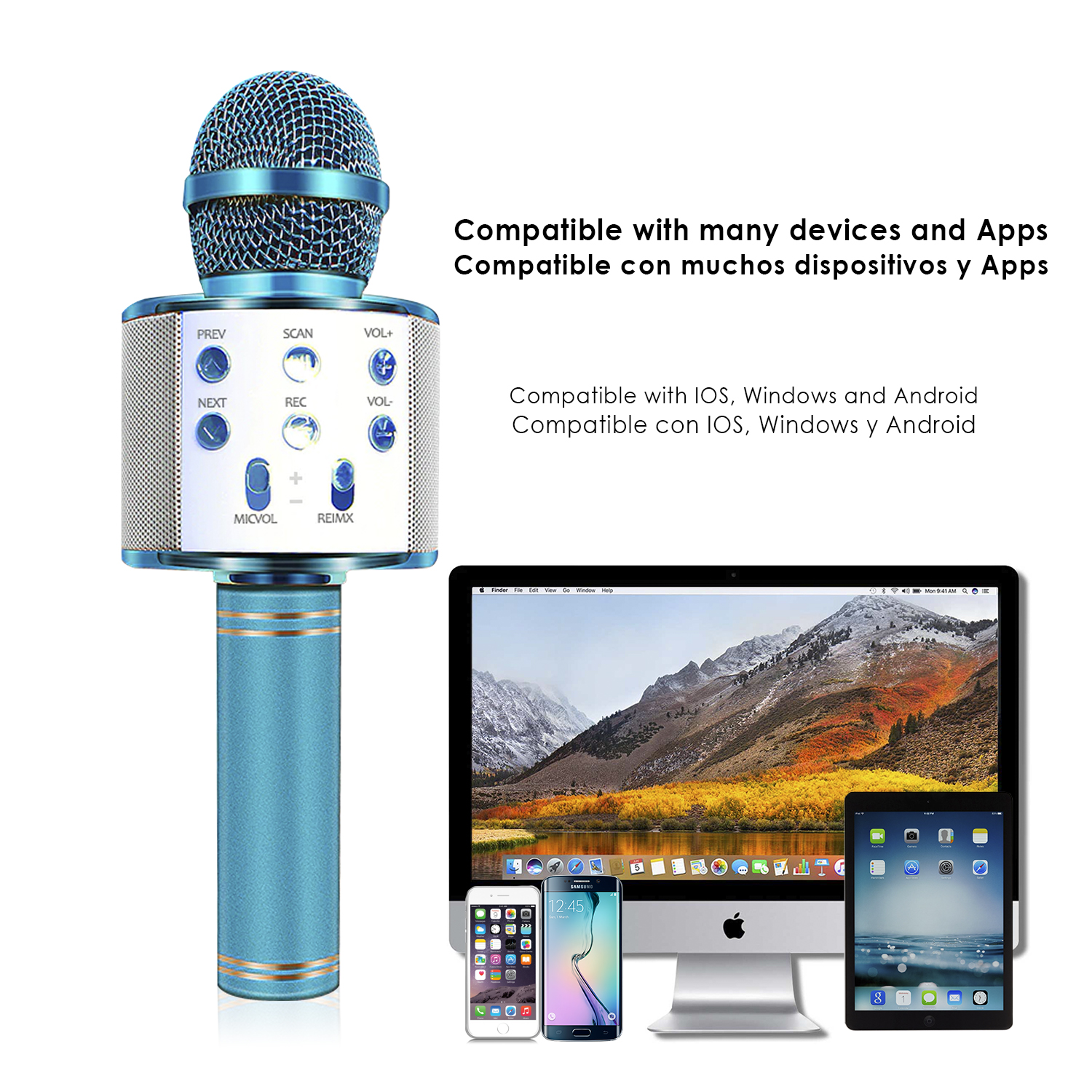 Un microfono blu e argento con altoparlante e dispositivi collegati: un computer, un telefono e un tablet.