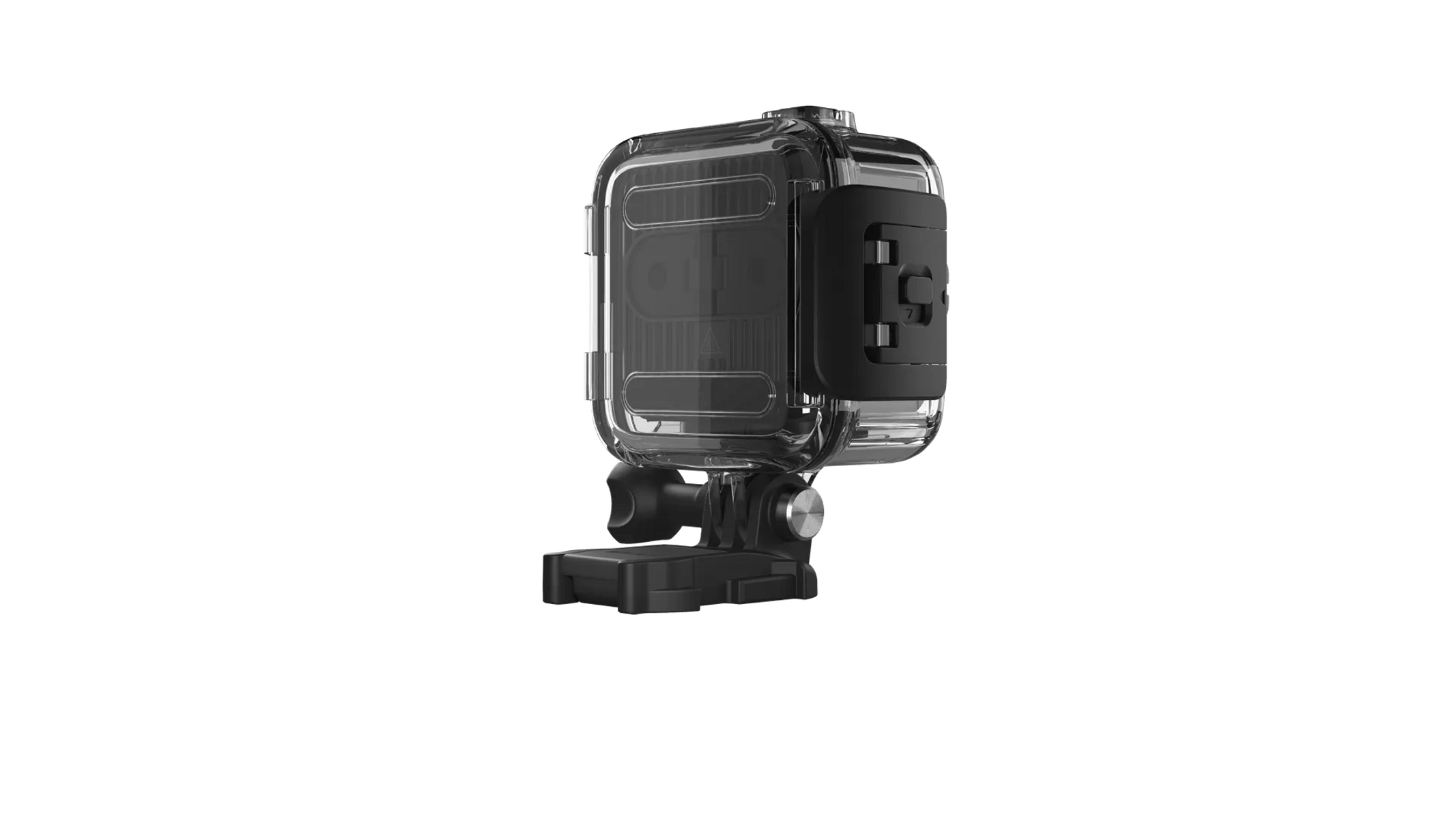 Kamera sportowa w przezroczystej, wodoodpornej obudowie, czarne tło.