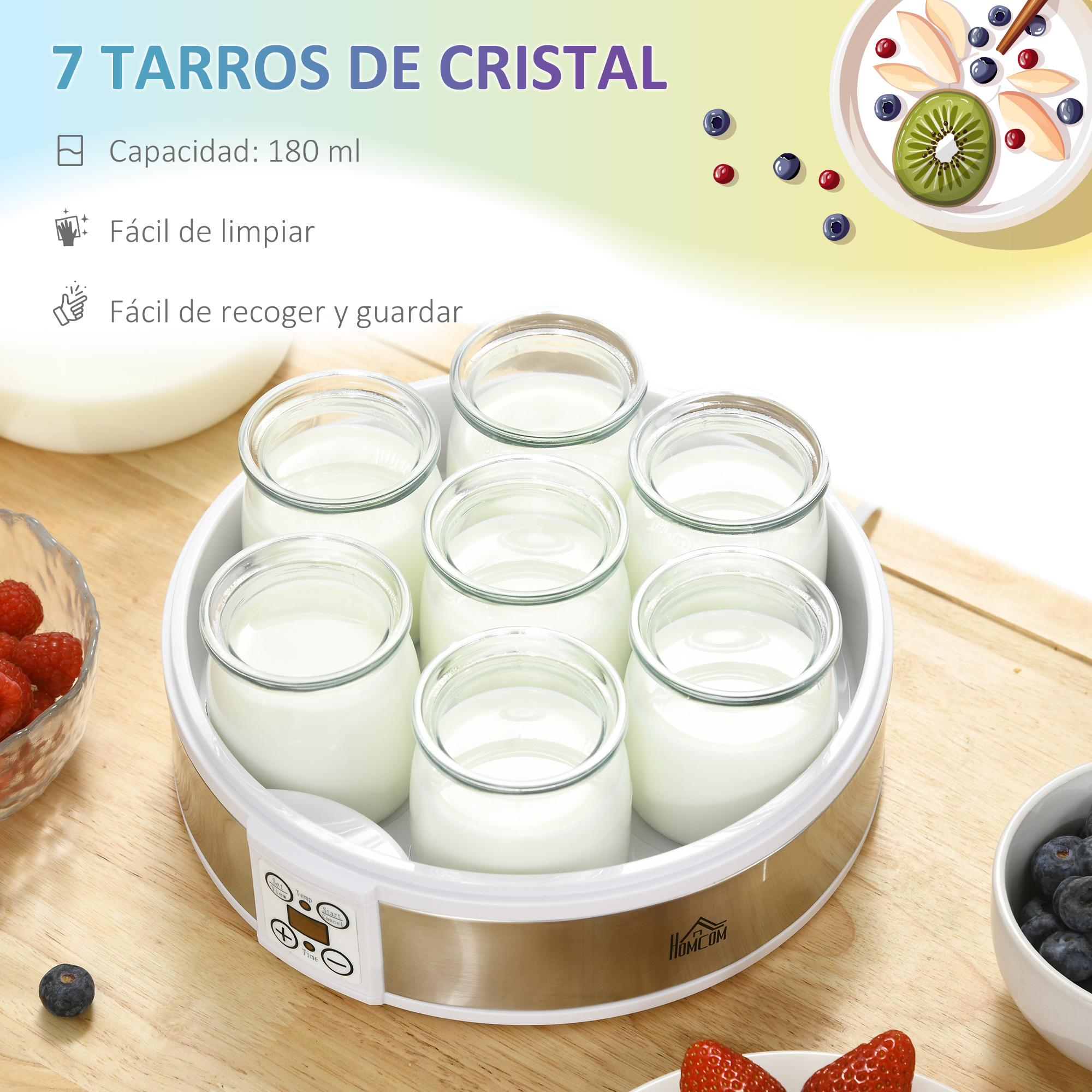 7 frascos de vidrio llenos de sustancia blanca en un contenedor. Frutas y texto en la imagen.