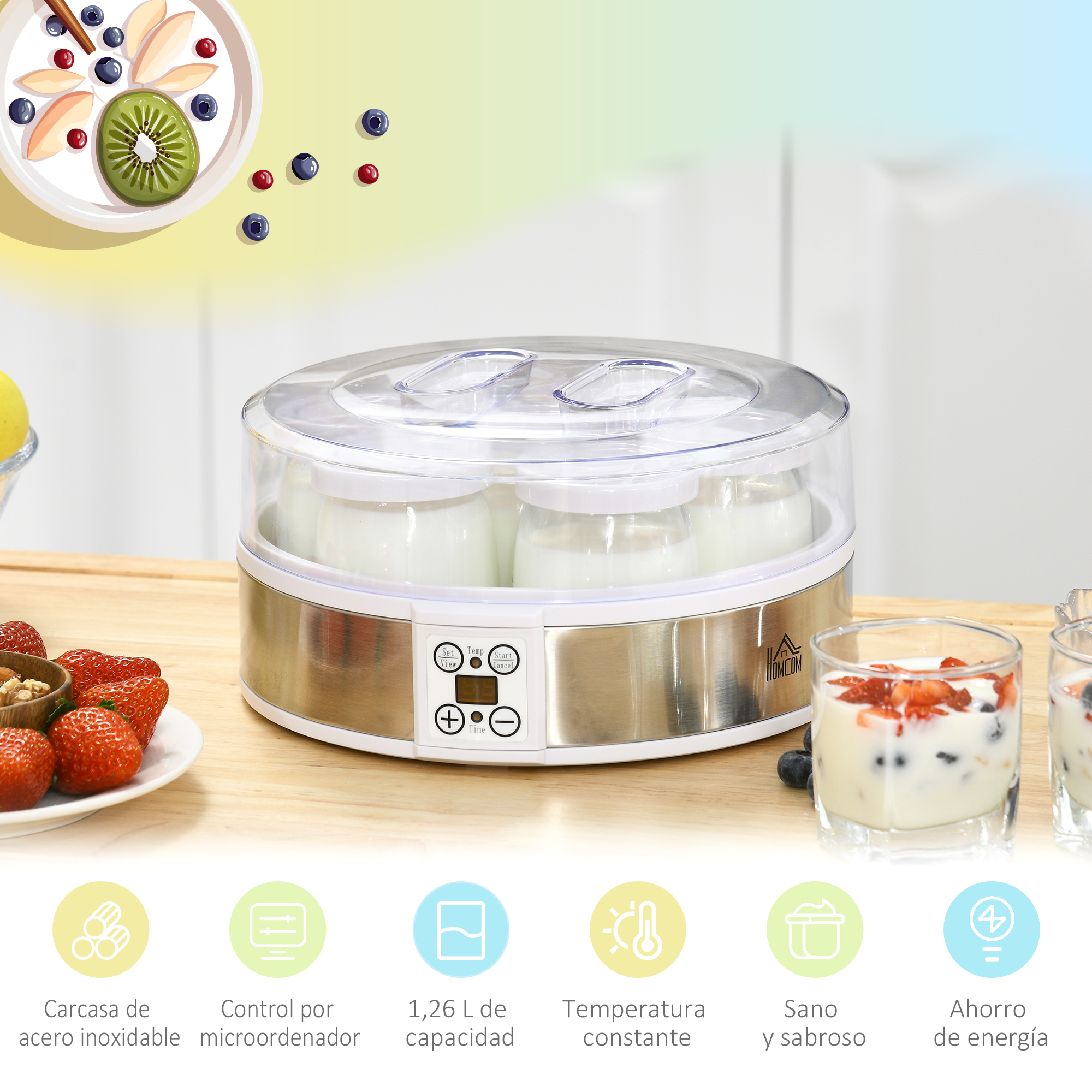 Yogurtera con frascos e ingredientes. Mesa de madera.