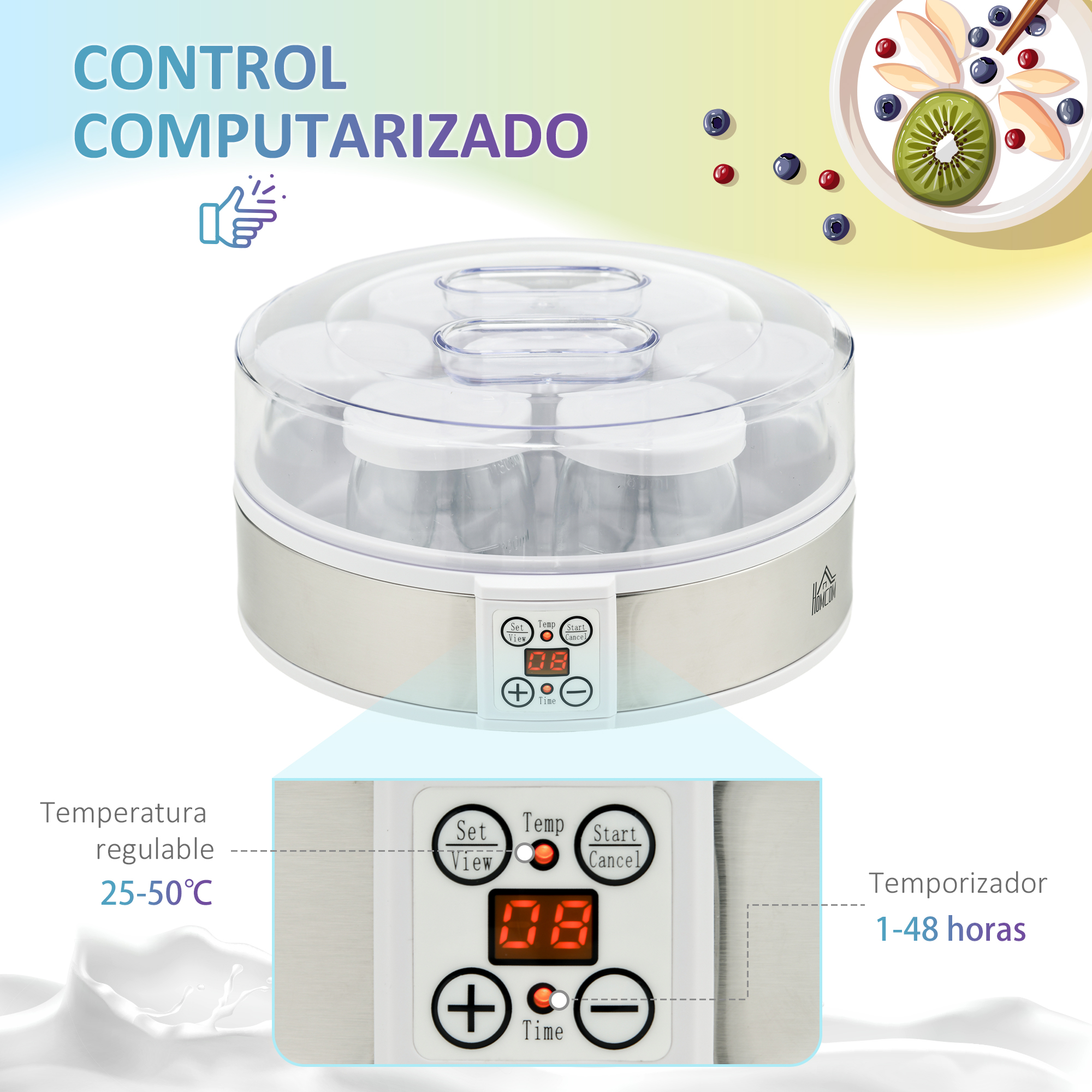 Una yogurtera con pantalla digital, panel de control y texto en español, sobre fondo blanco.