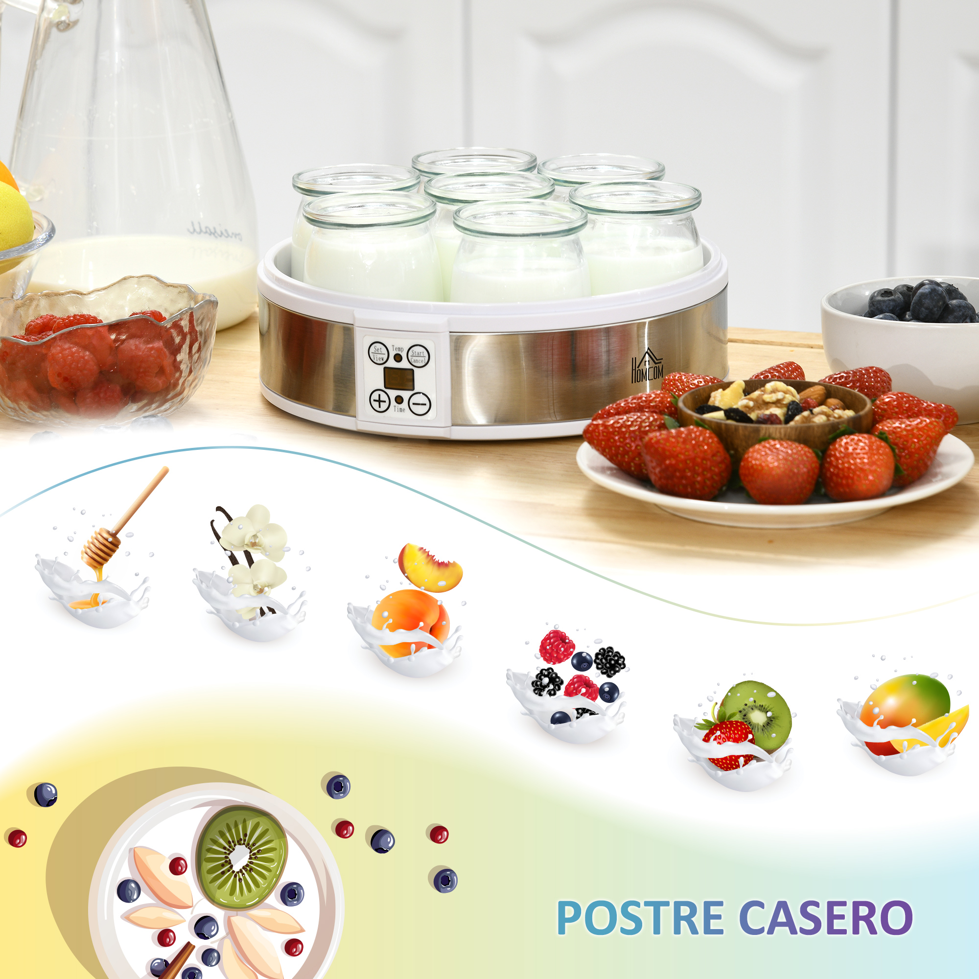 Una mesa con frascos de yogur, fruta e ingredientes para preparar postres.