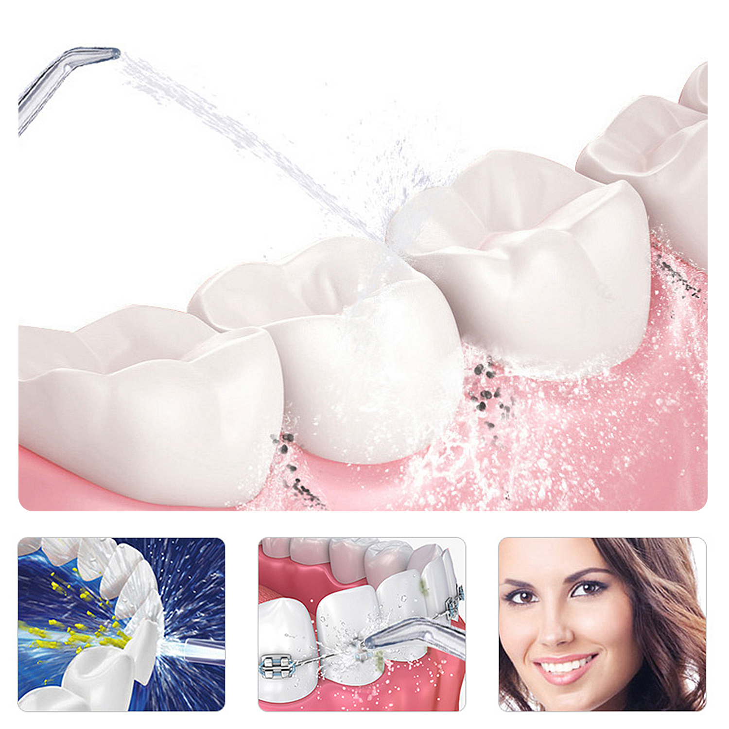 Dimostrazione di pulizia dentale con getto d'acqua. Tre immagini.
