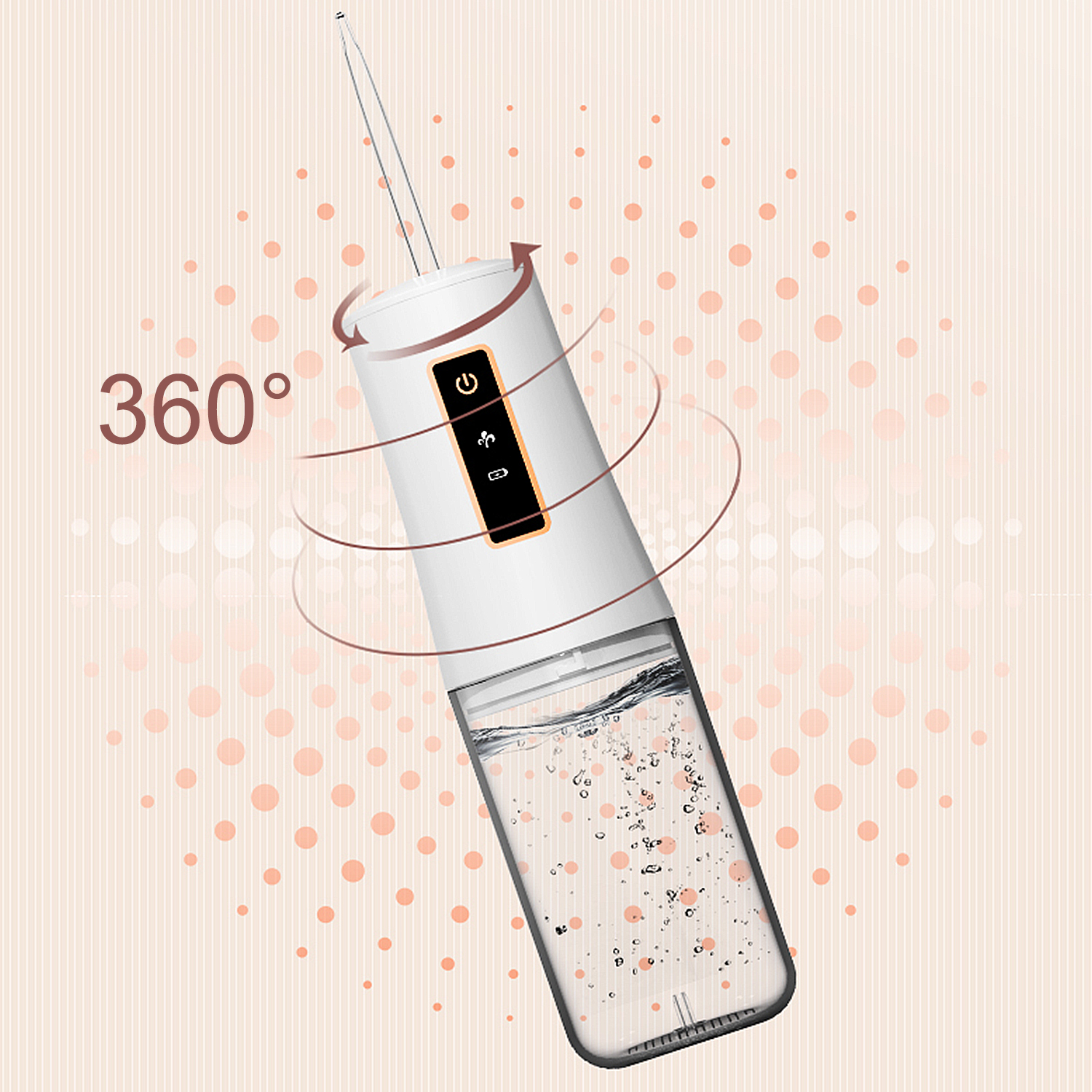 Irrigatore dentale bianco con punta rotante a 360 gradi.