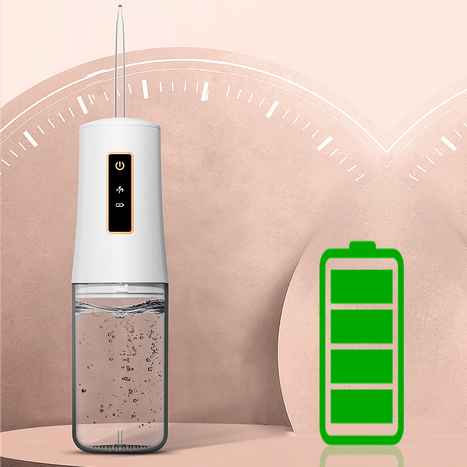 Un irrigatore orale bianco e icona batteria verde su sfondo rosa.