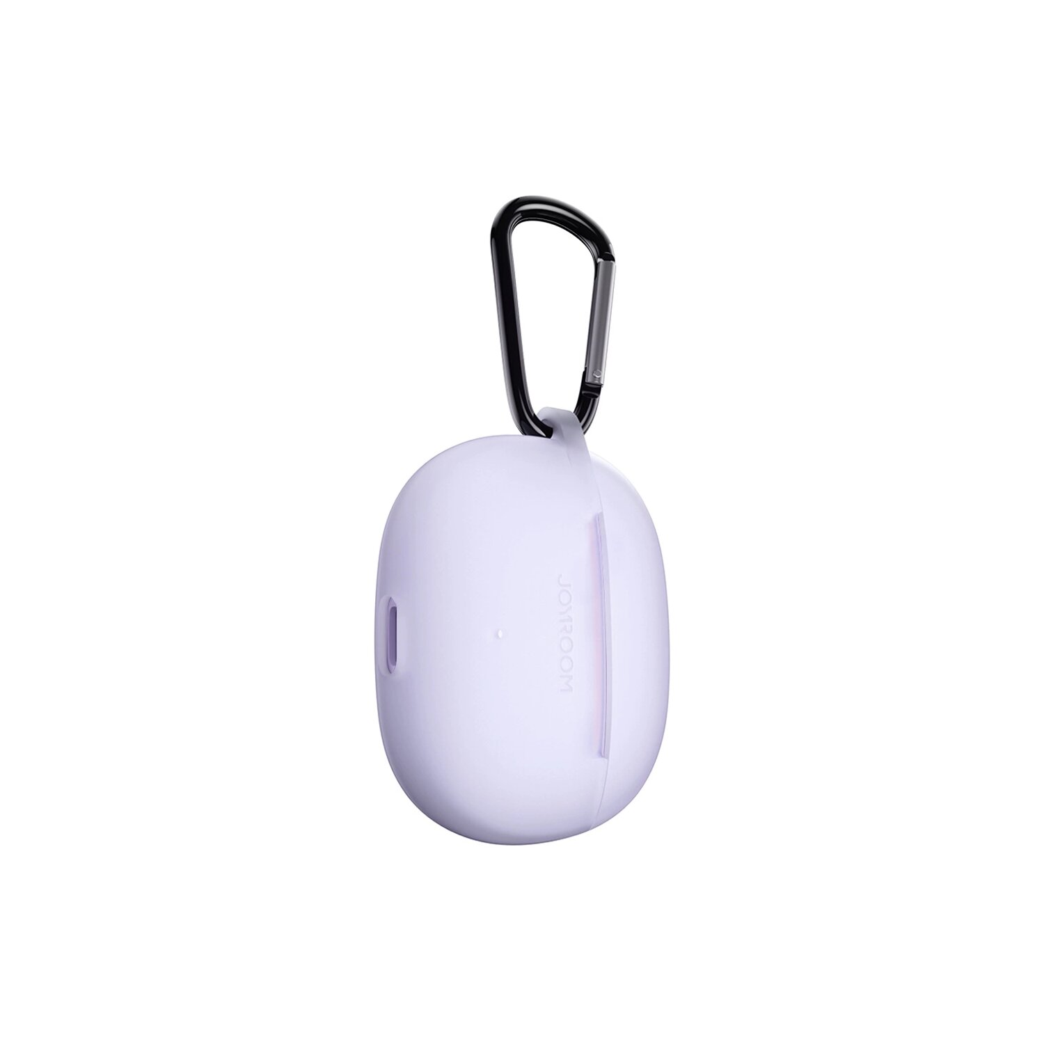 Ein lila Ohrhörer-Etui mit einem schwarzen Karabinerhaken.