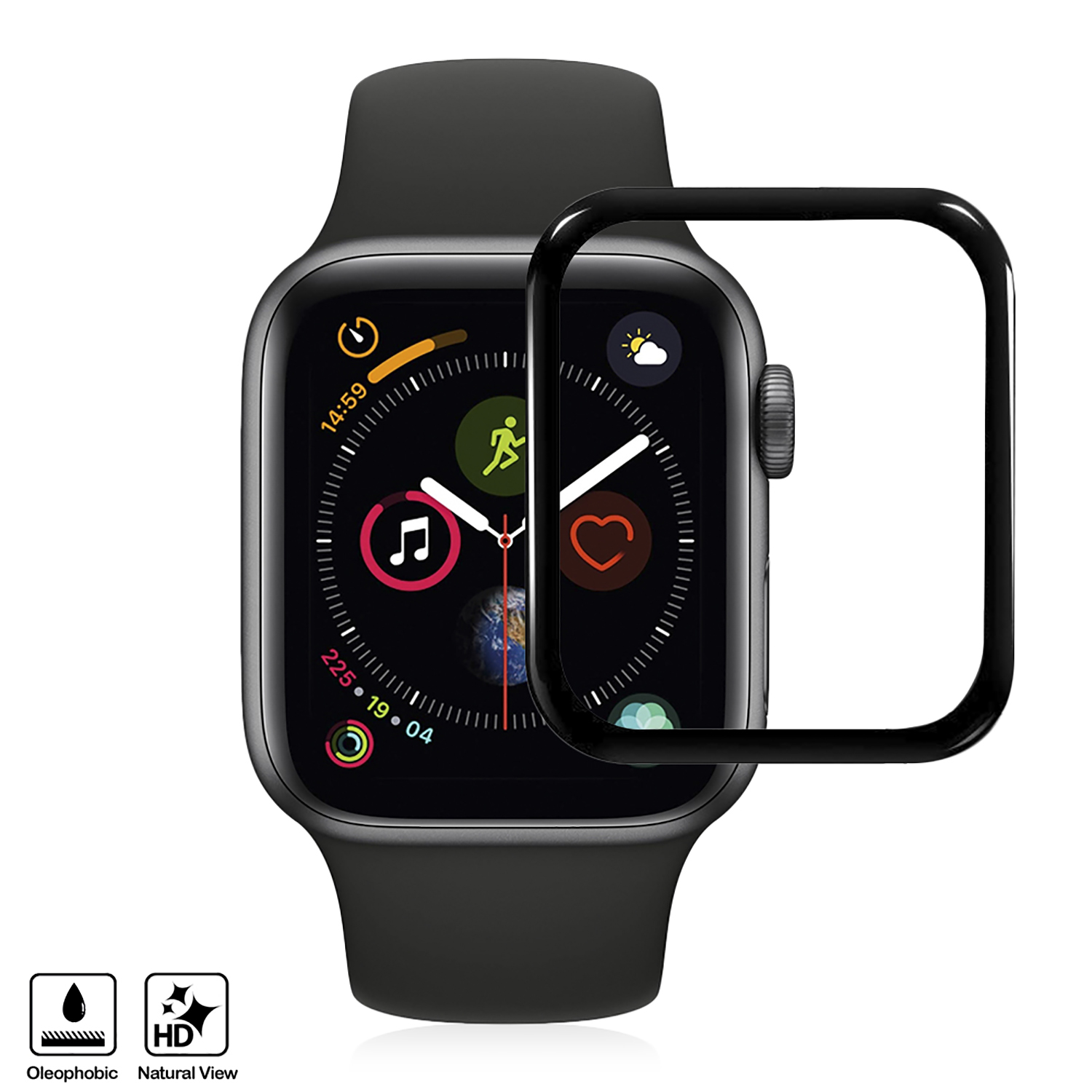 Primo piano di uno smartwatch nero con protezione schermo applicata.