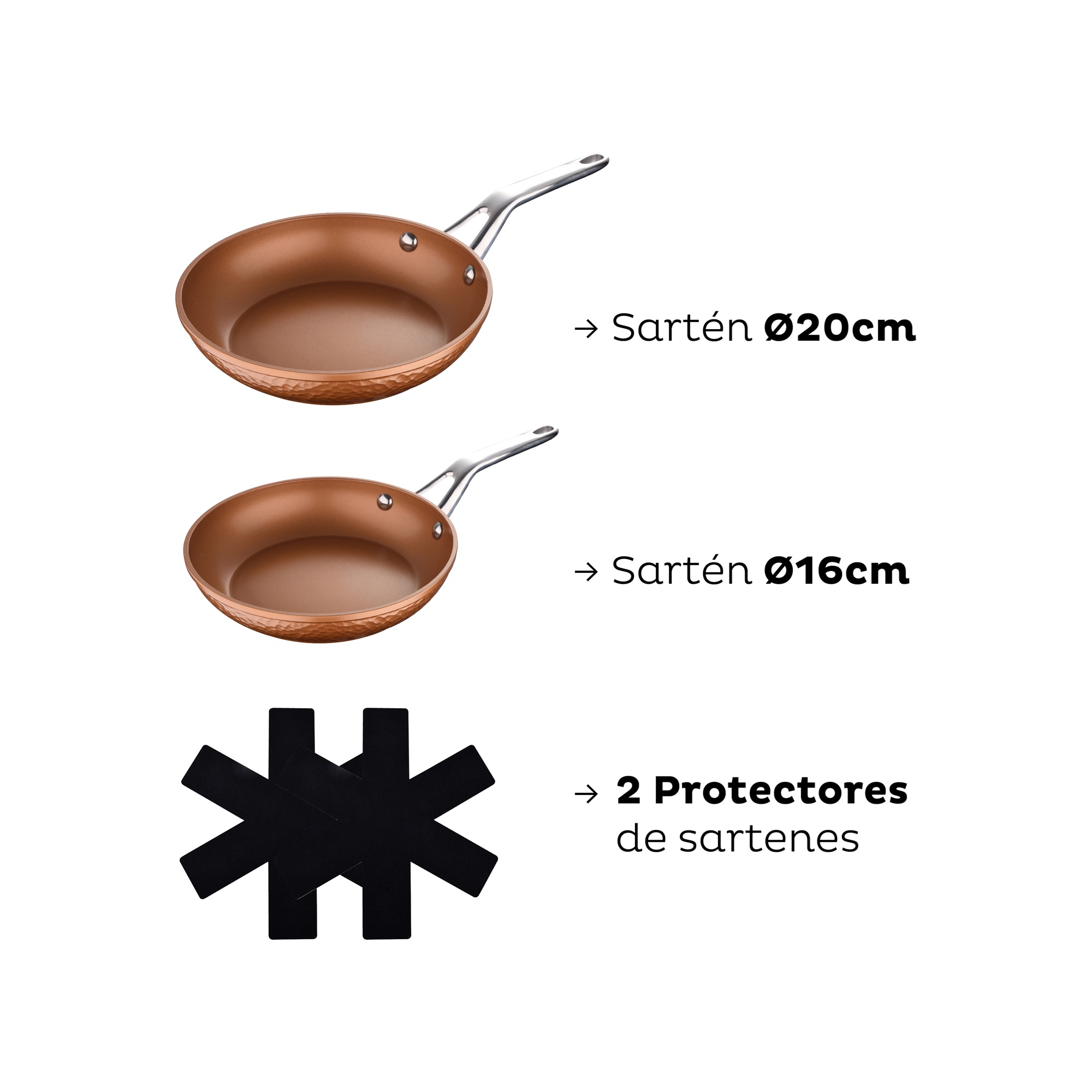 Dos sartenes de cobre, una de 20cm, otra de 16cm, y dos protectores negros.