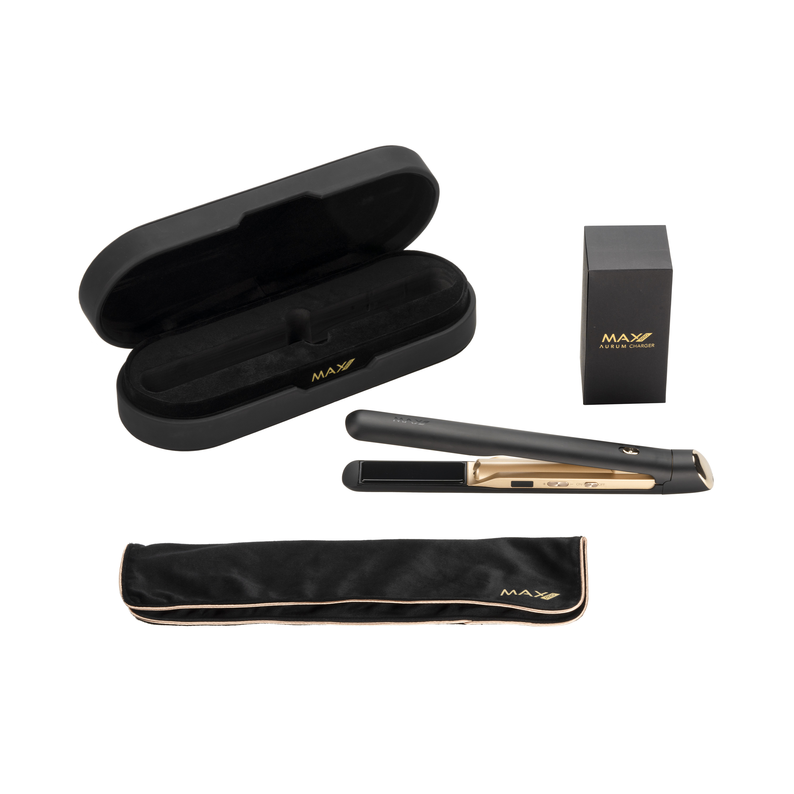 Haarglätter, Etui und Box auf Weiß. Gold- und Schwarz-Design.