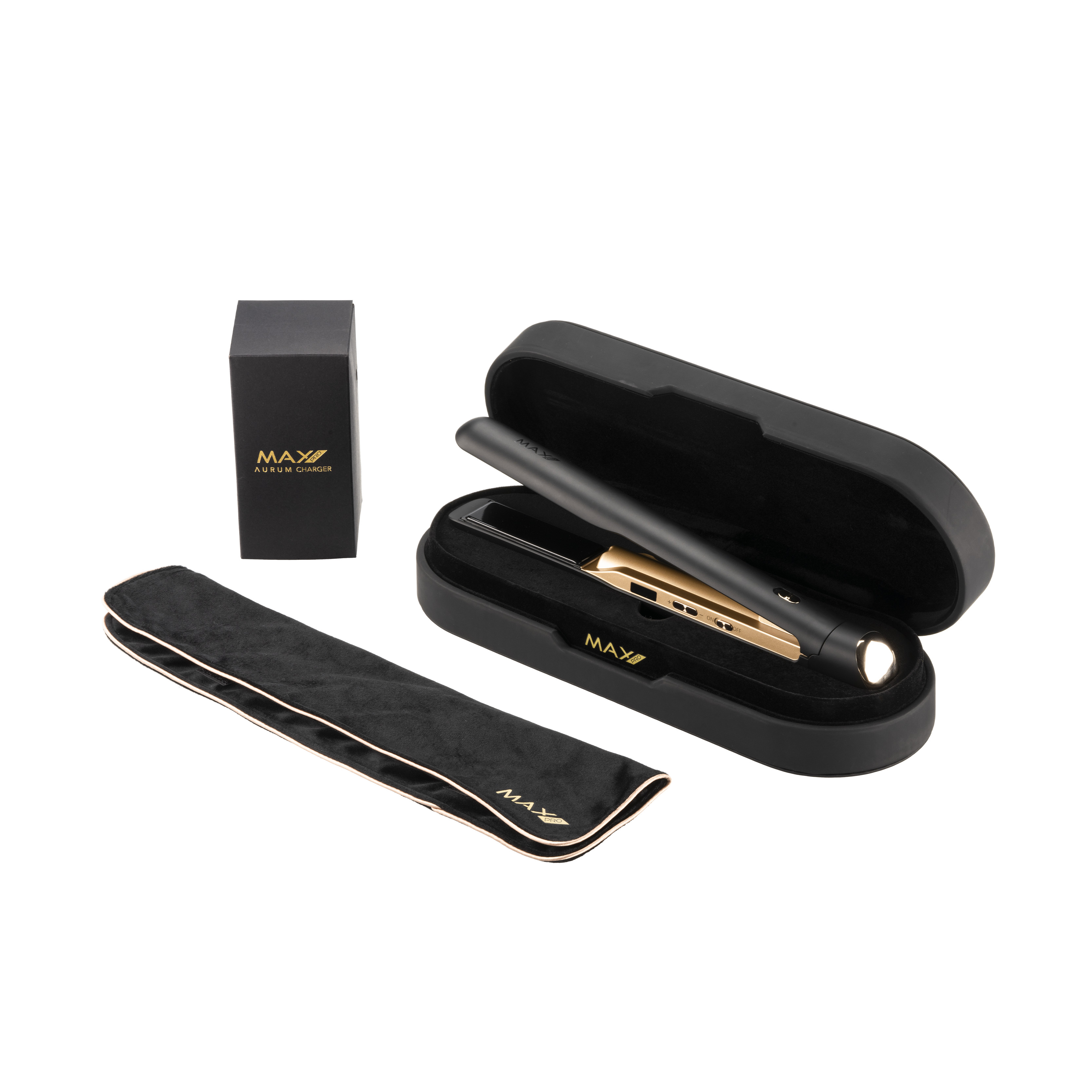 Ein Haarglätteisen in einem schwarzen Etui mit einer schwarzen Schachtel und einem schwarzen Beutel.