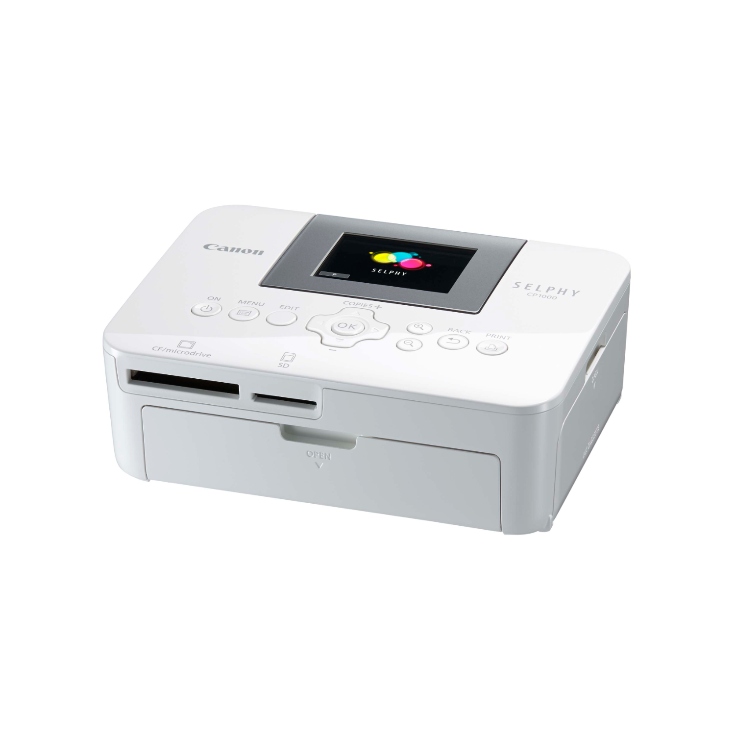 Biała drukarka Canon Selphy CP1300 z małym wyświetlaczem i przyciskami, na białym tle.