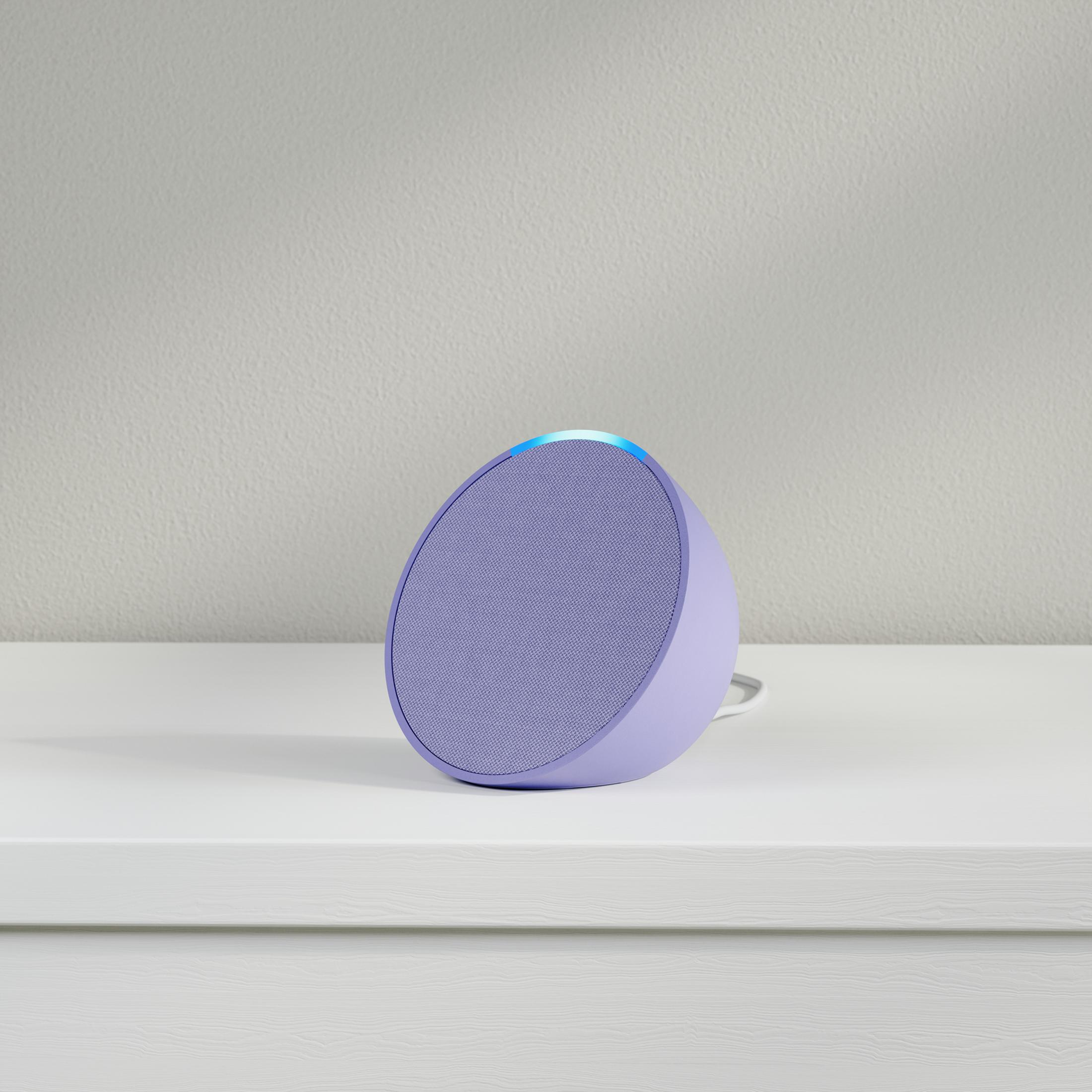 Un altavoz morado en forma ovalada sobre una estantería blanca contra una pared gris clara.