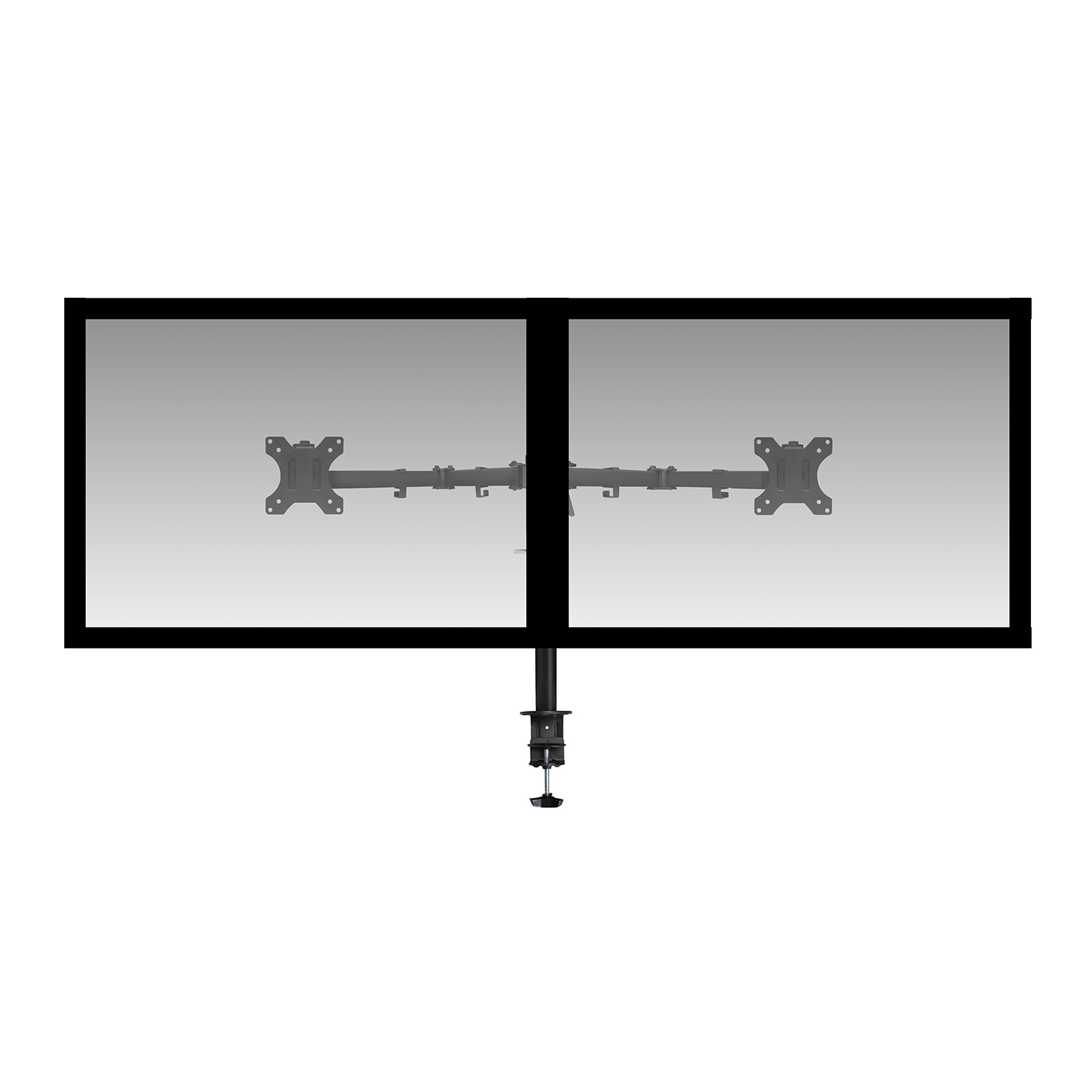 Dwa ekrany komputera zamontowane na czarnym stojaku. Stojak ma zacisk i regulowane ramiona.