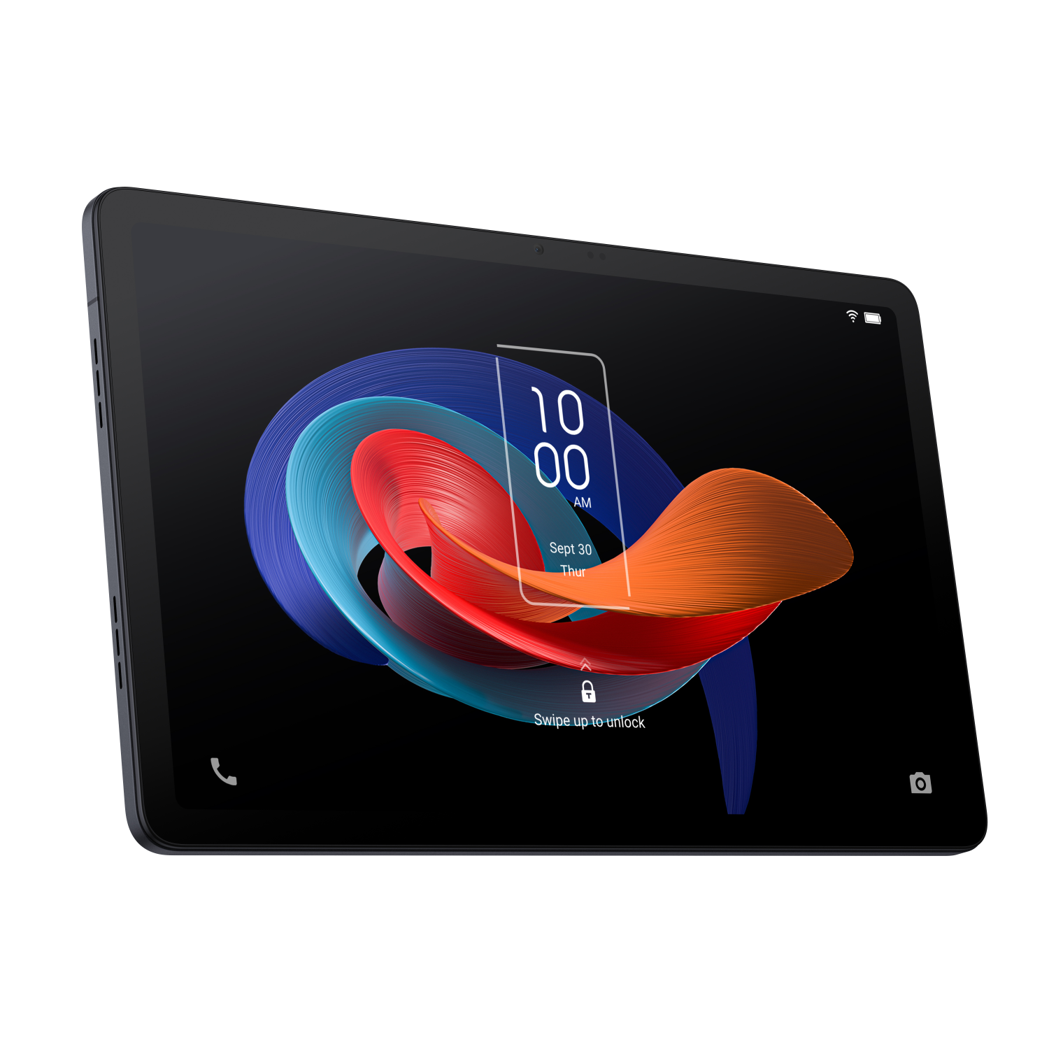 Un tablet nero con una schermata di blocco che mostra ora, data e arte astratta colorata.