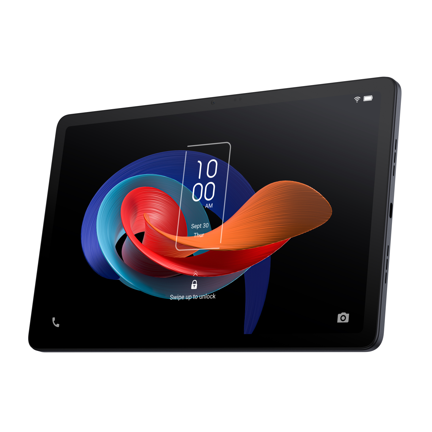 Un tablet nero che mostra uno sfondo astratto colorato con un'interfaccia di blocco schermo.