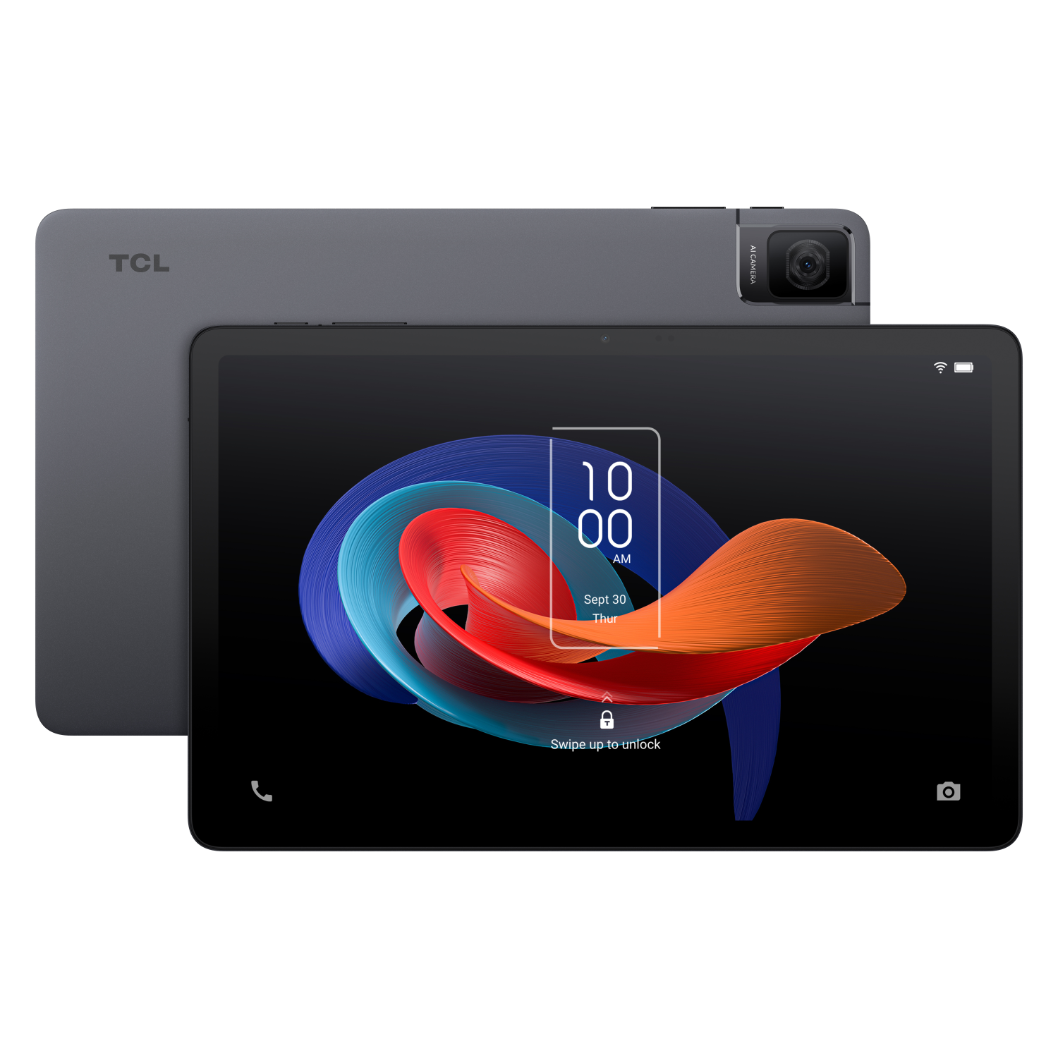 Un tablet con schermo nero che mostra un orologio, retro grigio, sfondo bianco.