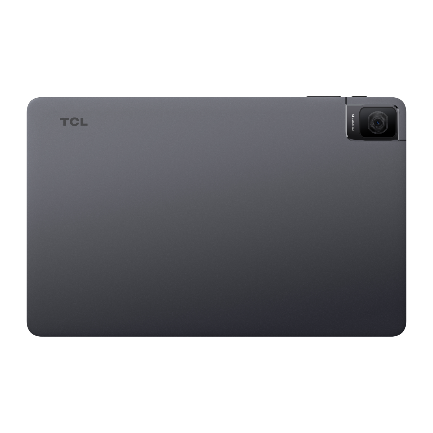 Un tablet grigio scuro con un logo TCL e una fotocamera nell'angolo in alto a destra, su sfondo bianco.