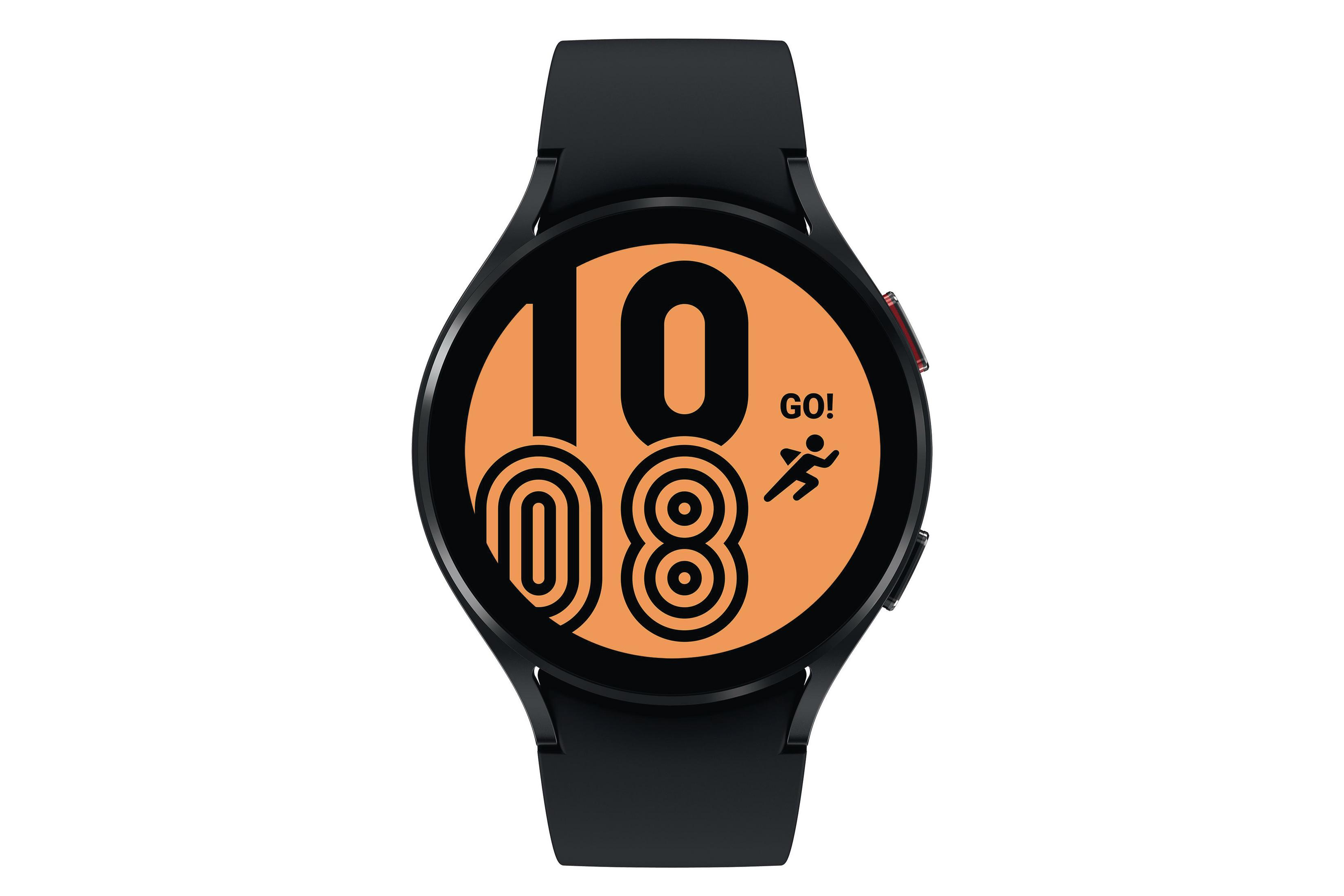 Schwarze Smartwatch mit orangefarbenem Display. Zeigt Zeit und Lauf-Symbol. Die Uhr ist zentriert.