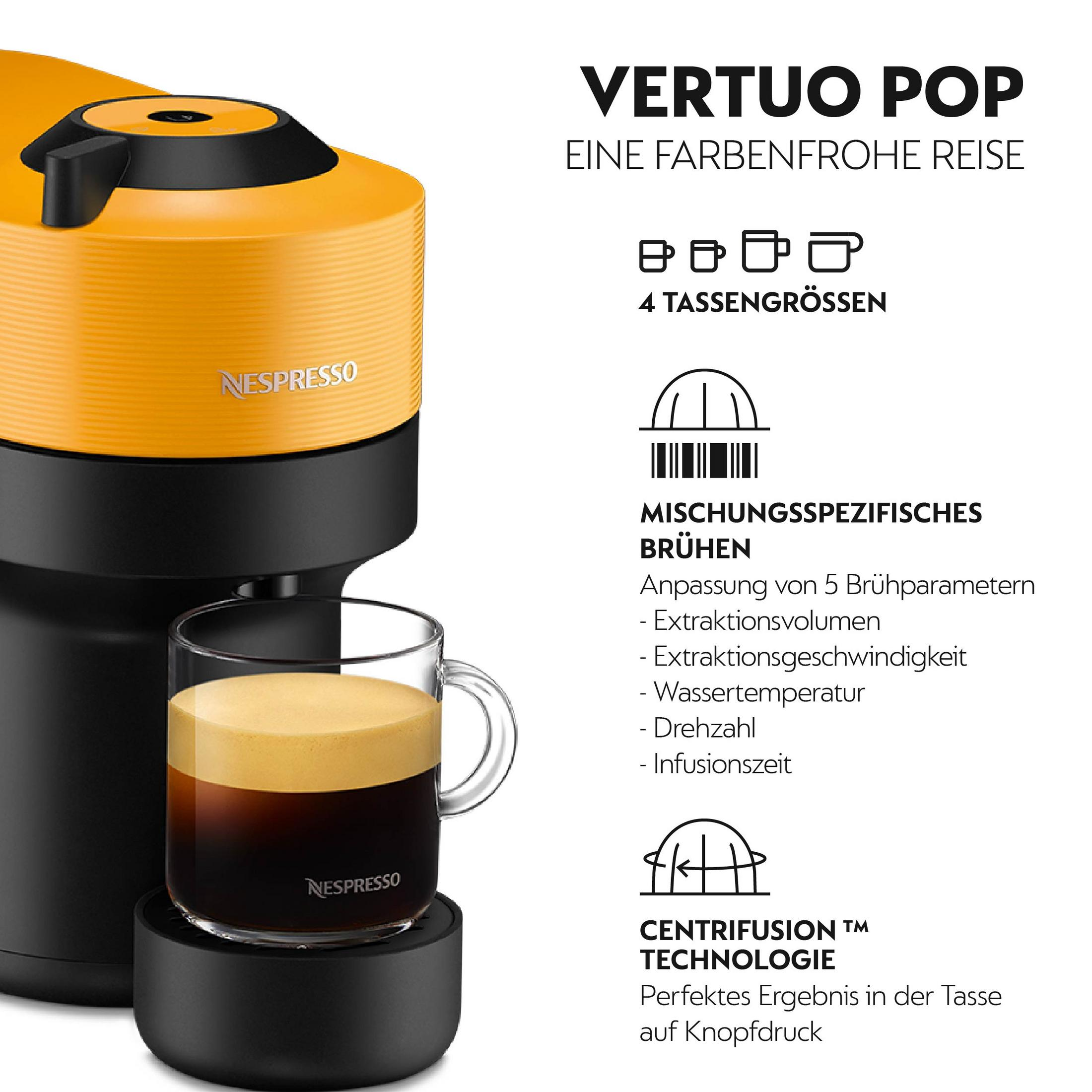 Eine Nespresso Vertuo Pop Kaffeemaschine mit einer Kaffeetasse und Text über die Maschine.