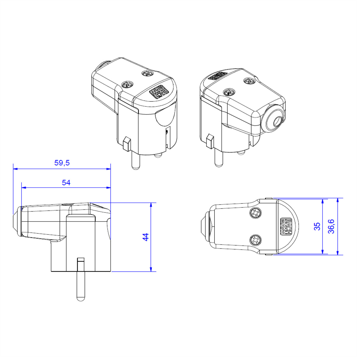 Disegno tecnico di una spina angolata con dimensioni in millimetri: 59,5, 54, 44, 35 e 36,6.
