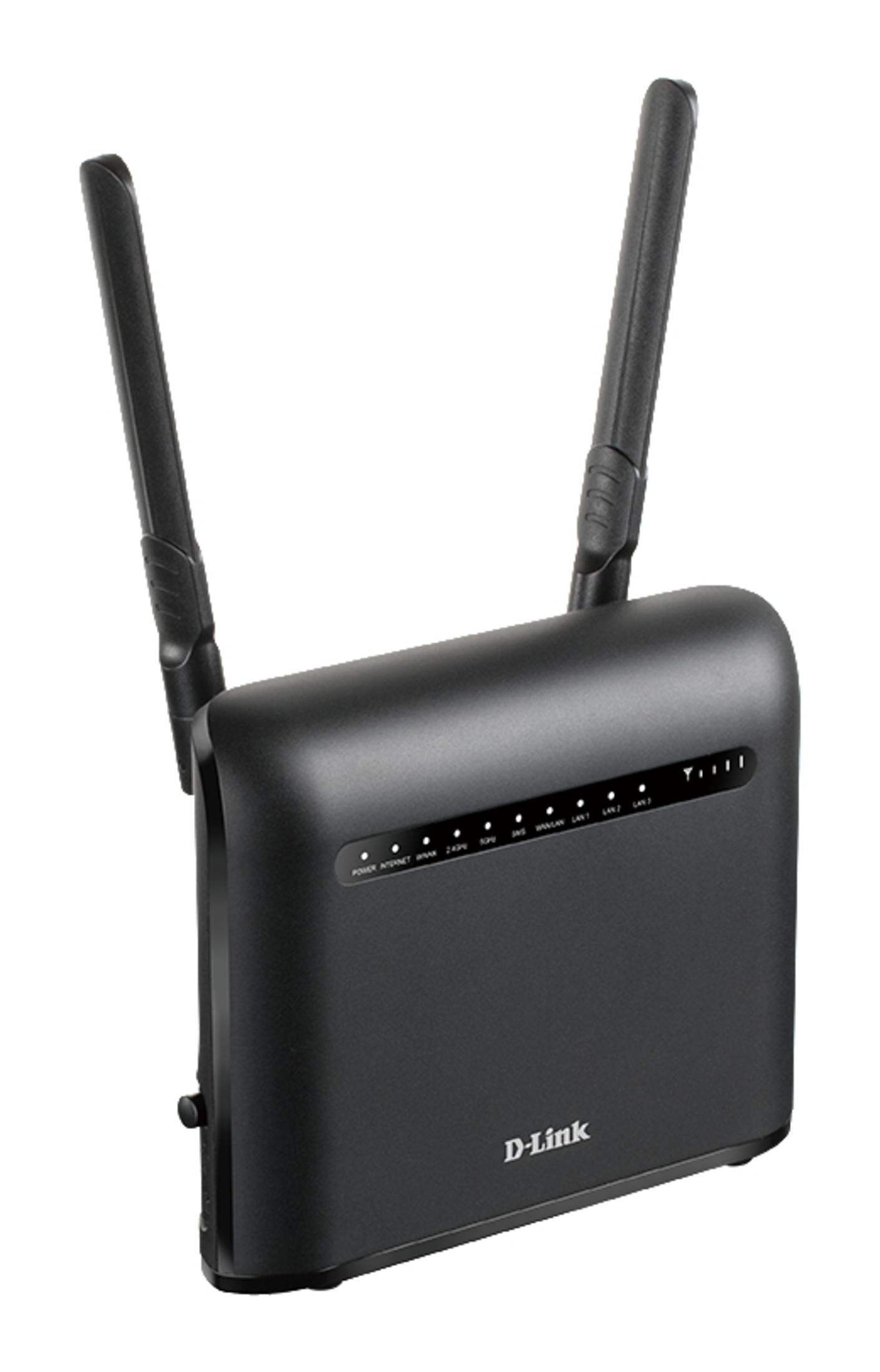 Un router D-Link nero con due antenne. Ha diverse spie. Sfondo bianco.
