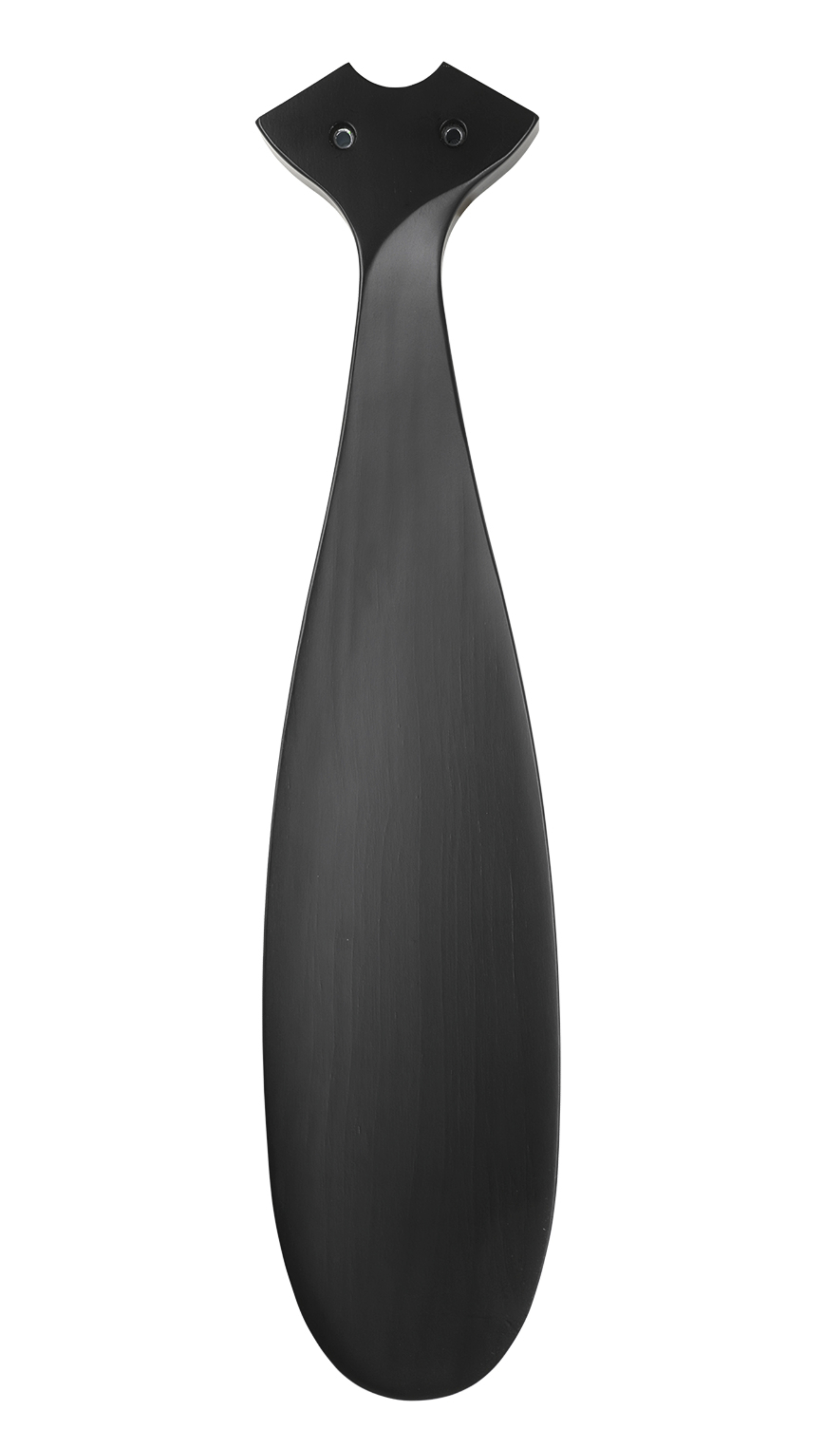 Ein schwarzer Lüfterflügel mit geschwungenem Design vor weißem Hintergrund. Er hat eine einzigartige, längliche Form.