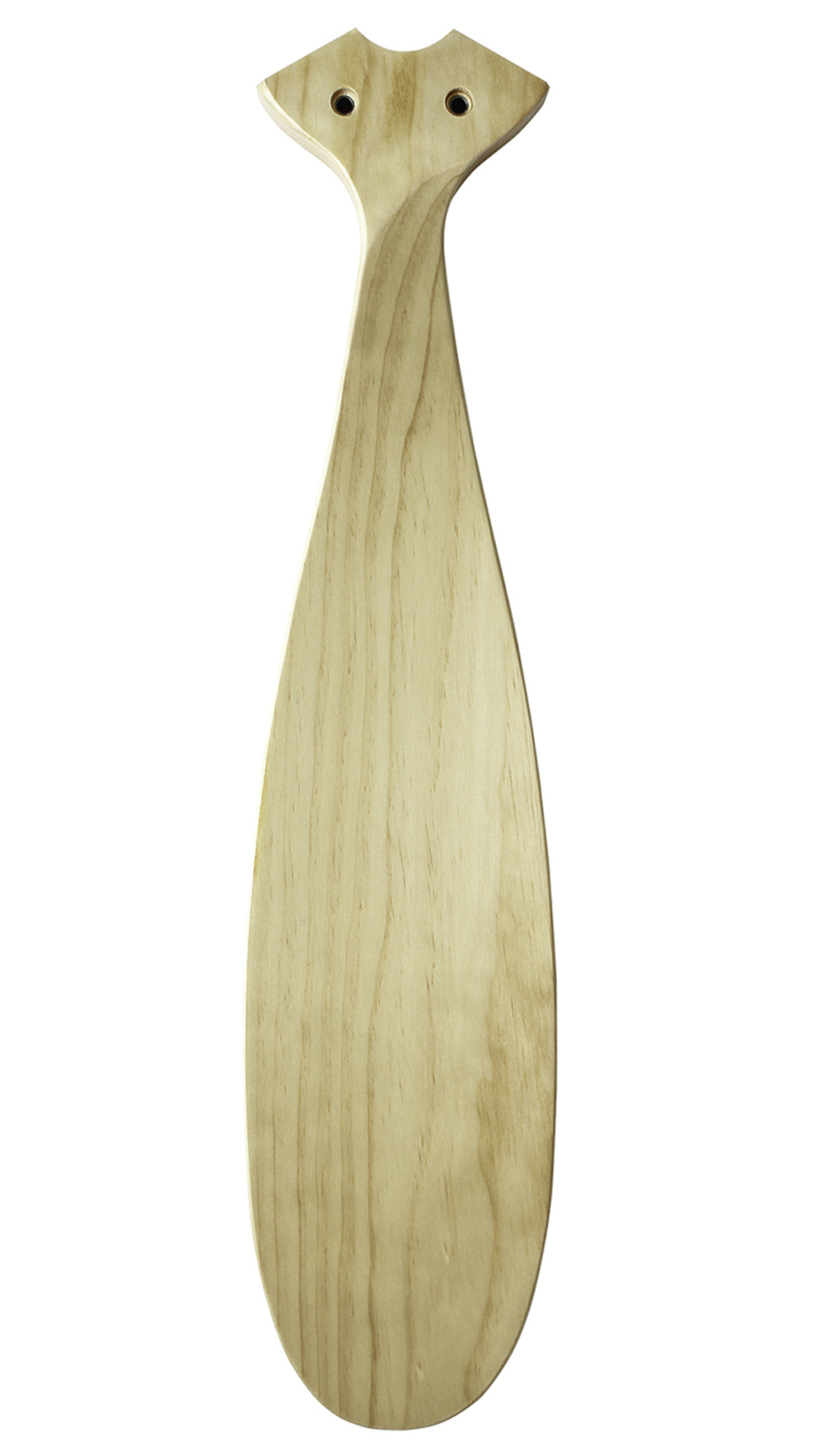 Holzpaddel mit Griff und breiter, flacher Klinge. Das Paddel ist hellbraun und steht vor weißem Hintergrund.
