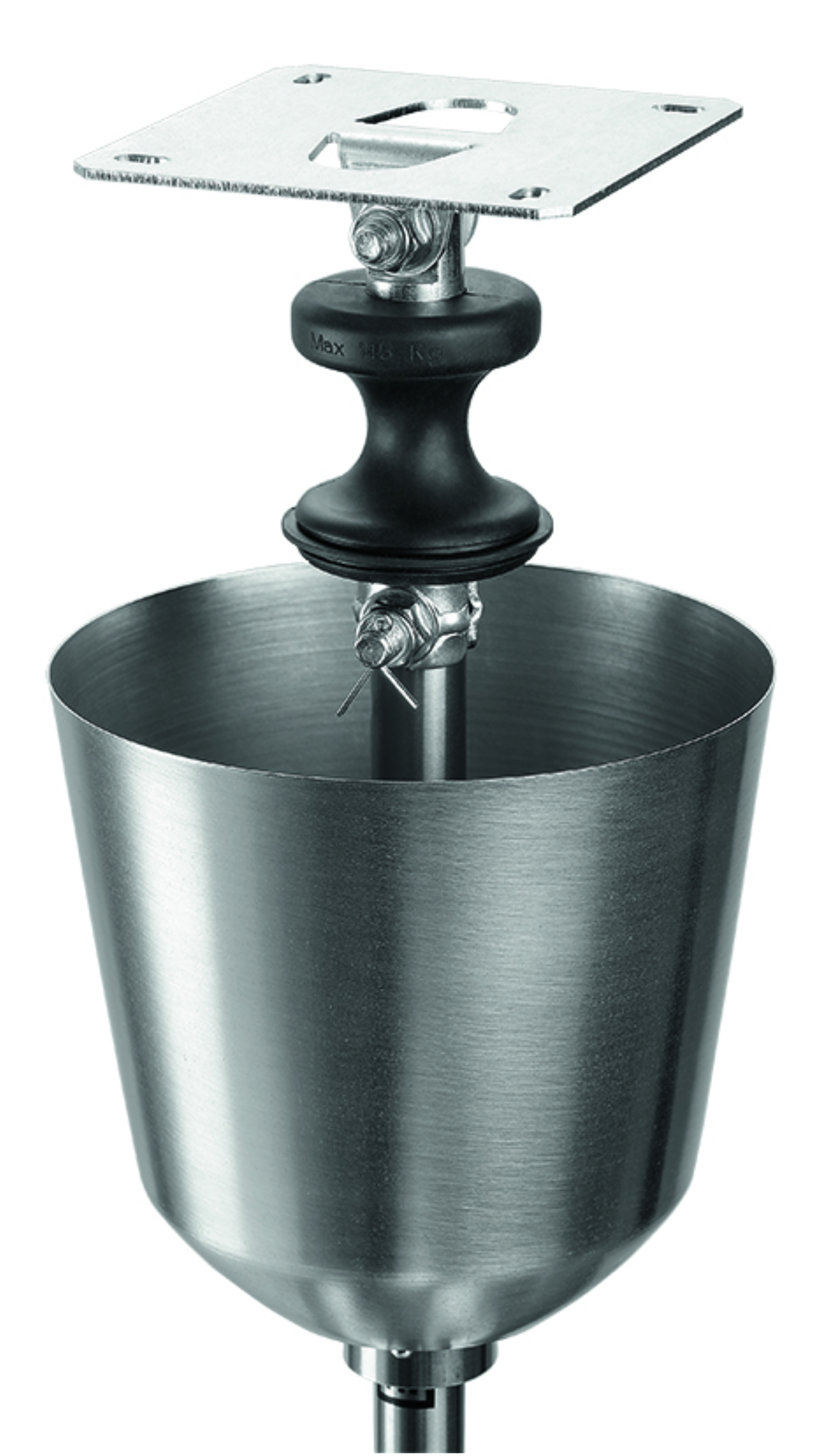 Deckenventilatorhalterung aus Metall. Es ist silberfarben und hat einen schwarzen Gummiring und eine quadratische Basis.