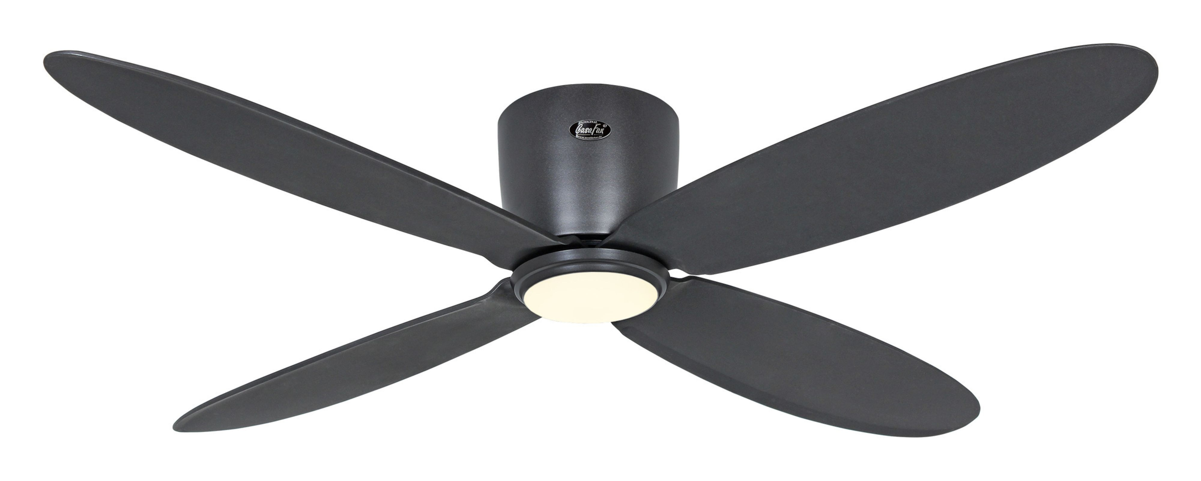 Schwarzer Deckenventilator mit vier Flügeln und einer zentralen Leuchte, auf weißem Hintergrund.