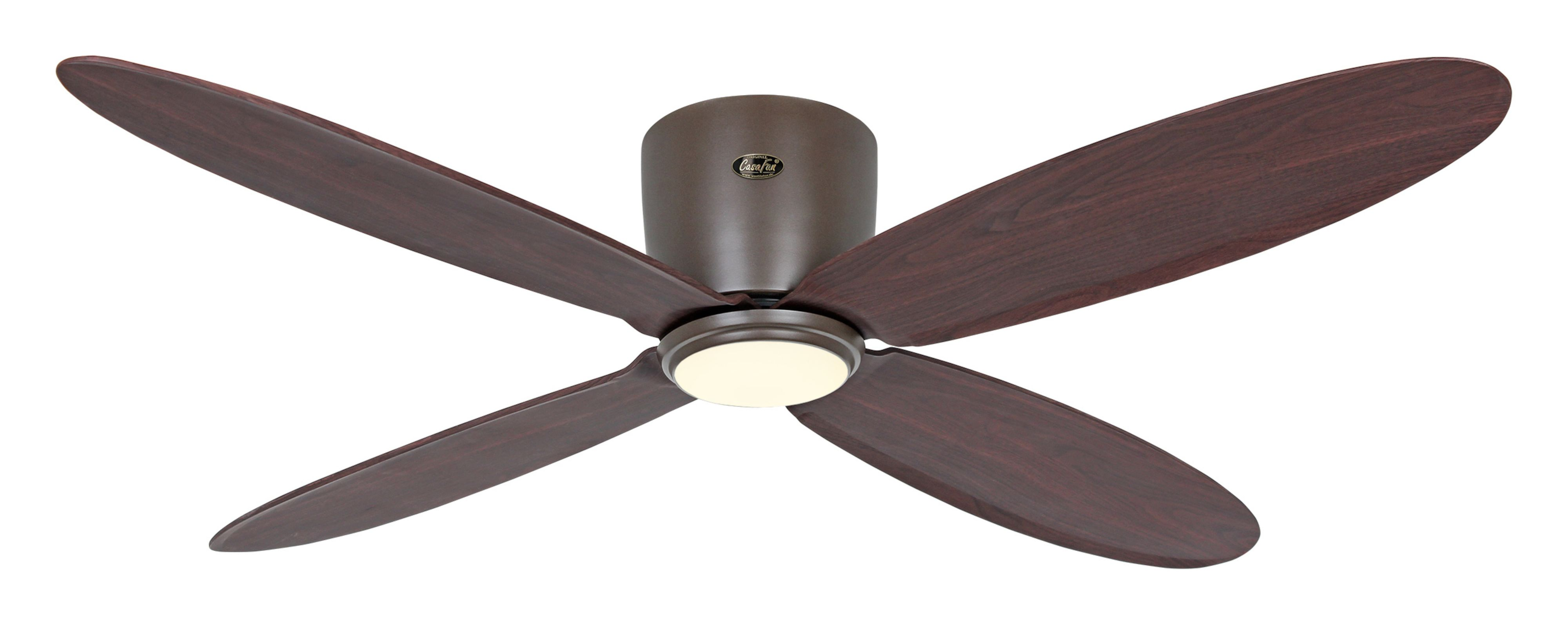 Ein Deckenventilator mit vier dunkelbraunen Flügeln und einem braunen Motorgehäuse, weißer Hintergrund.