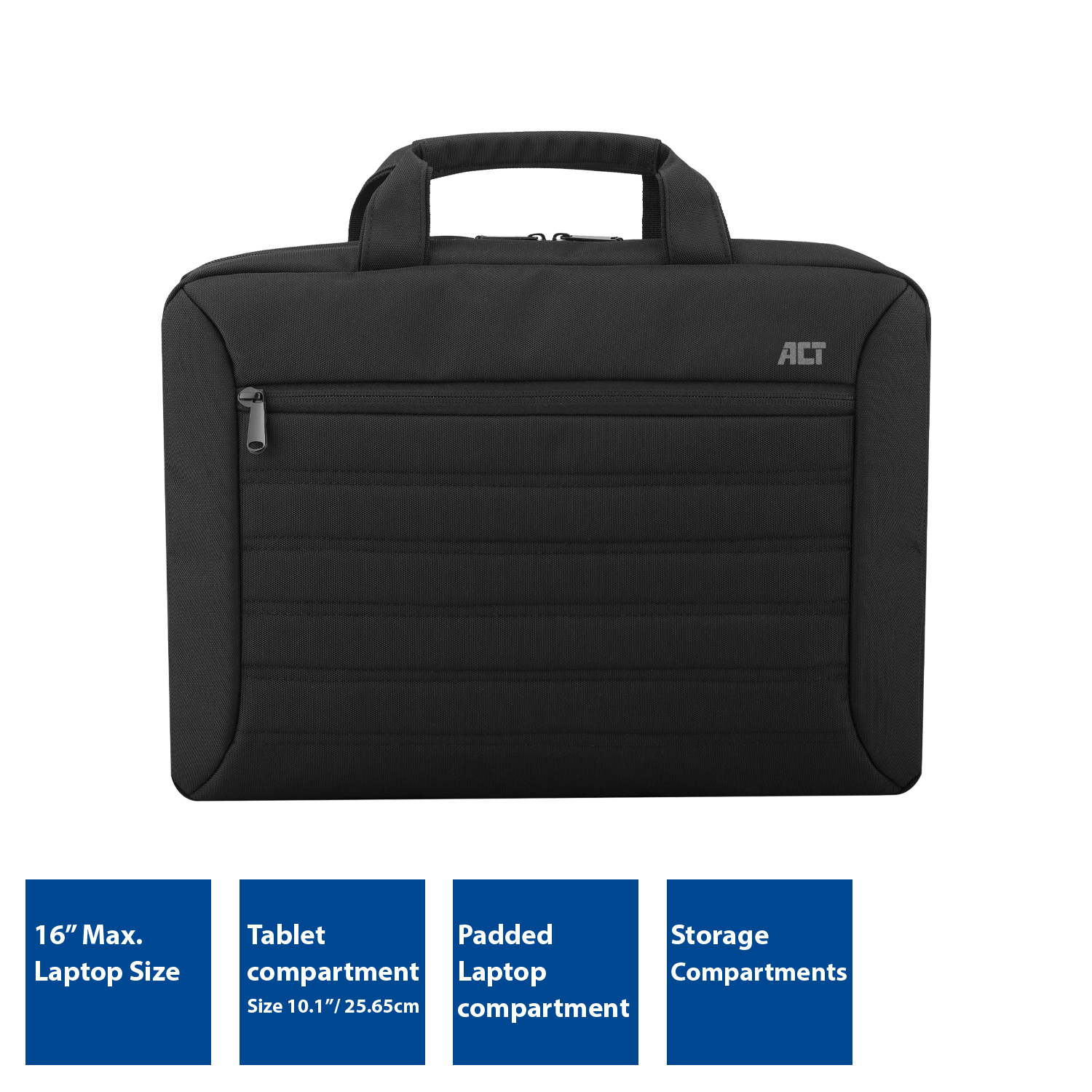 Schwarze Laptoptasche mit Reißverschluss, mit Textfeldern unten, die Funktionen detaillieren, weißer Hintergrund.