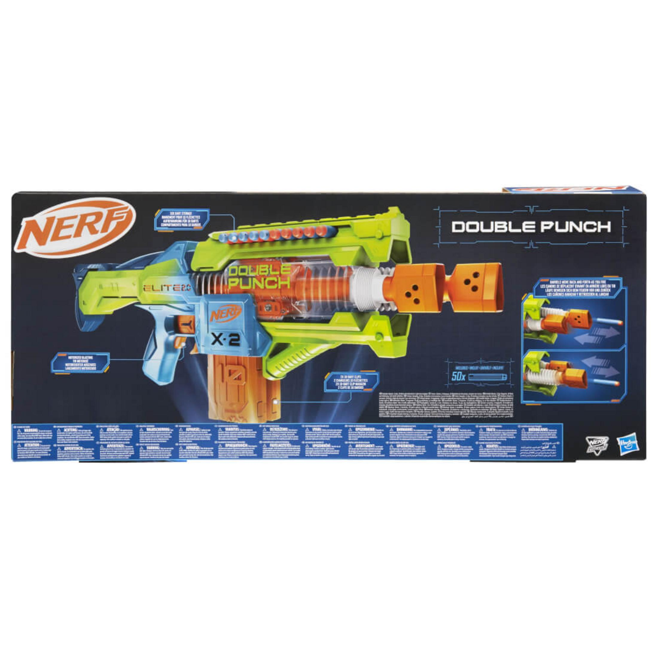 Una scatola di pistola giocattolo Nerf Double Punch. Presenta un blaster arancione e verde con testo.