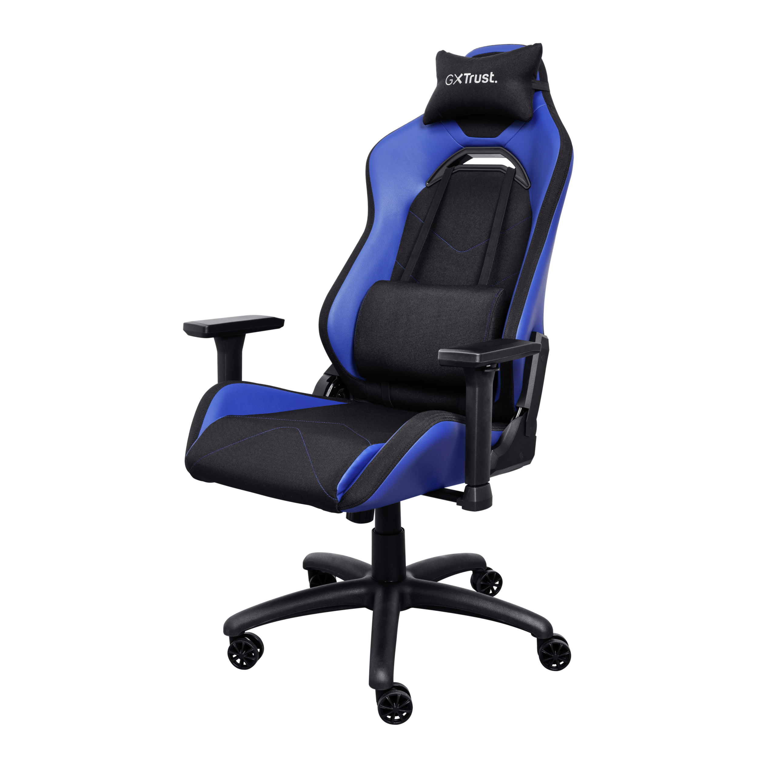 Niebiesko-czarny fotel do gier z czarnym zagłówkiem i oparciem, na czarnym tle.