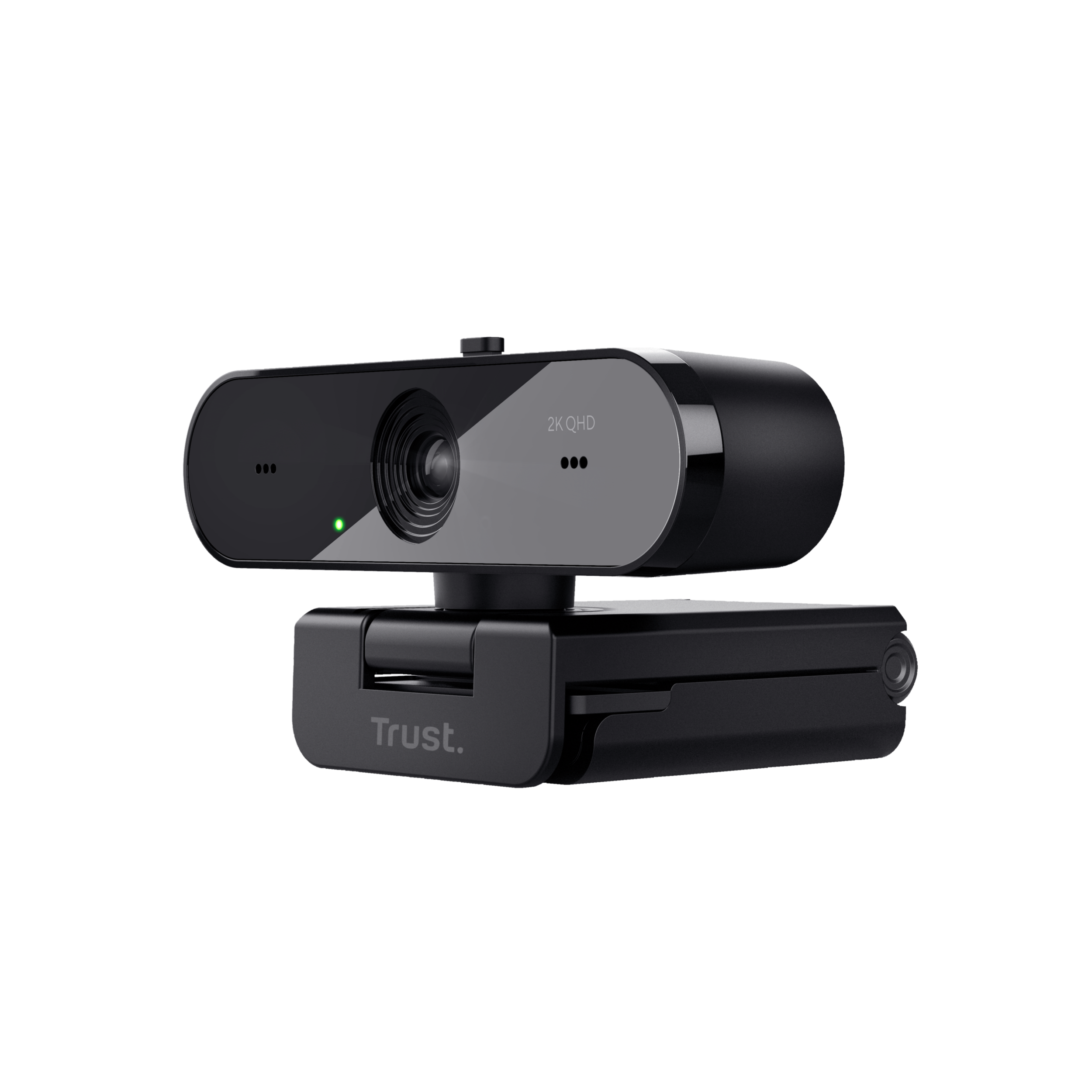 Czarna kamera internetowa z obiektywem, zielonym światłem i logo Trust na czarnym tle.