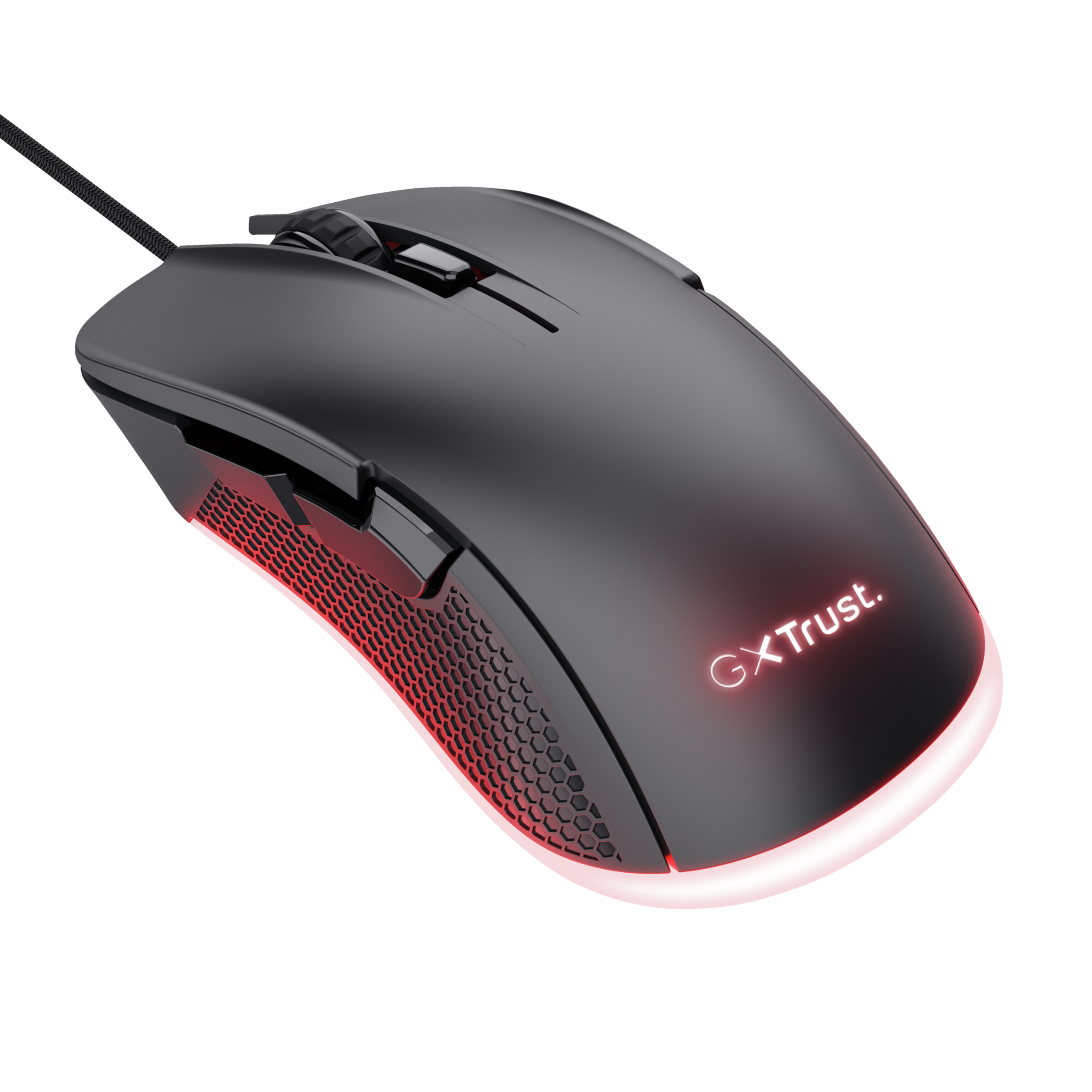 Zwarte gamingmuis met rode verlichting, op een zwarte achtergrond.