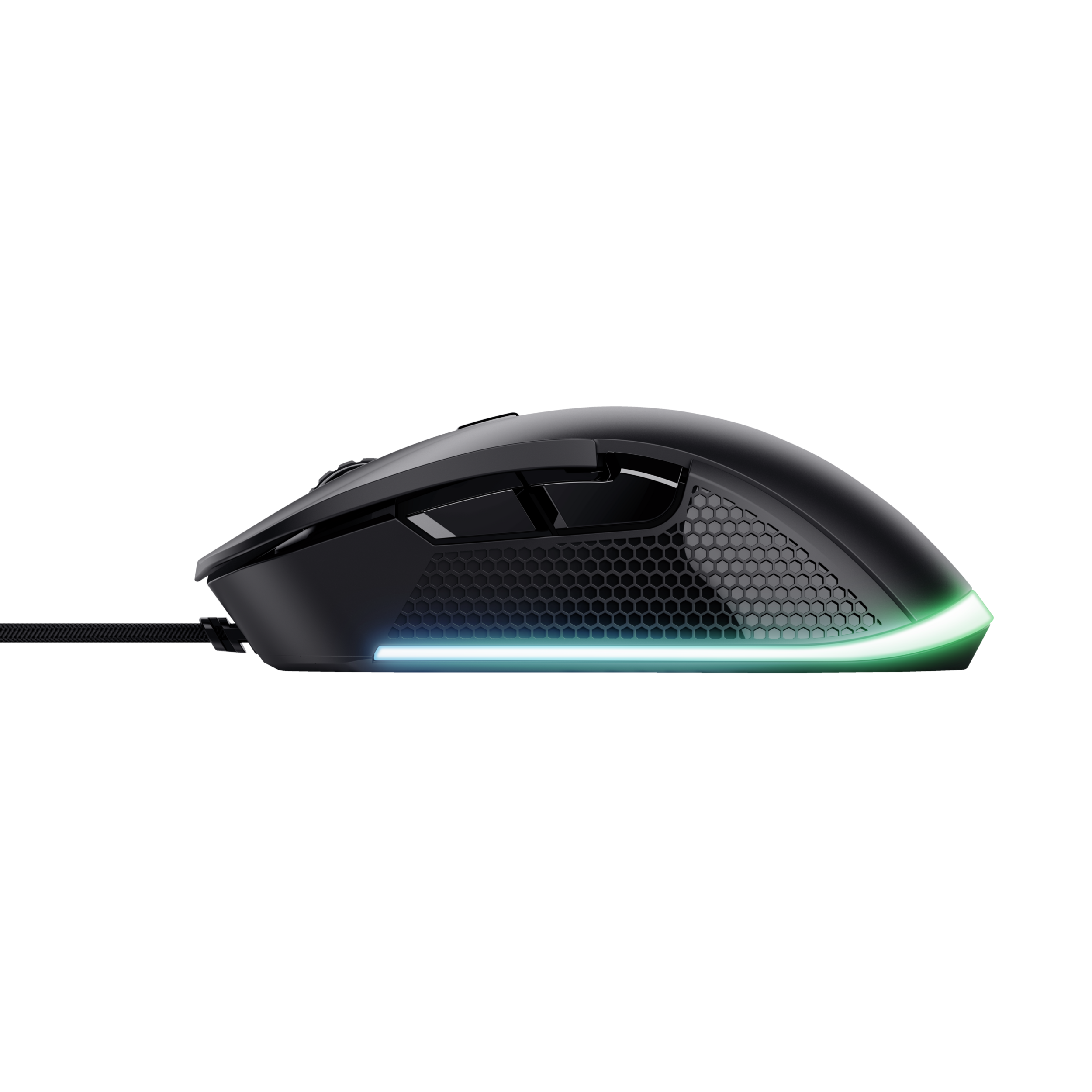 Zwarte gamingmuis, zijaanzicht. Inclusief honingraatontwerp en gekleurde lichtstrip.
