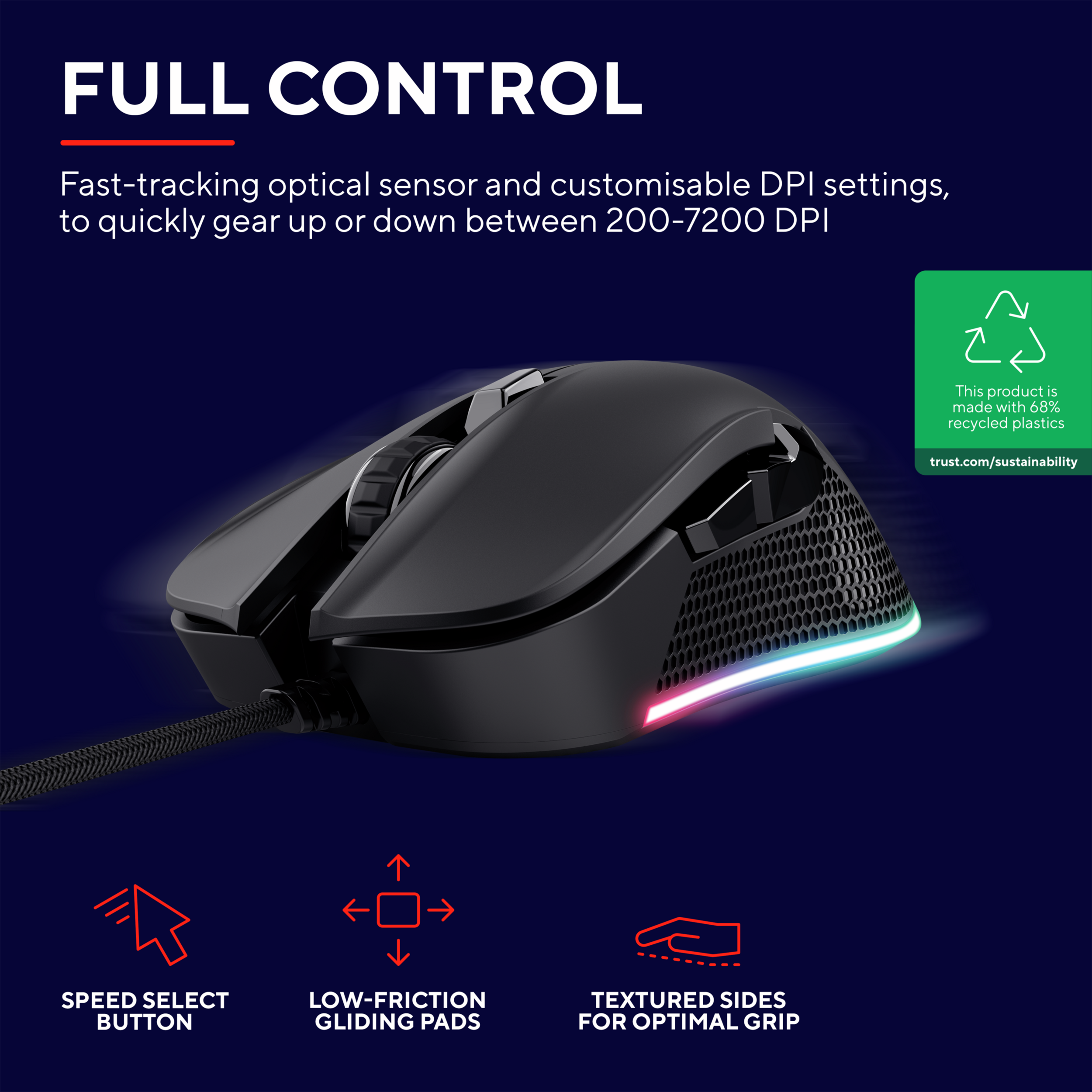 Zwarte gamingmuis met rode/roze verlichting en functies op het bureau.