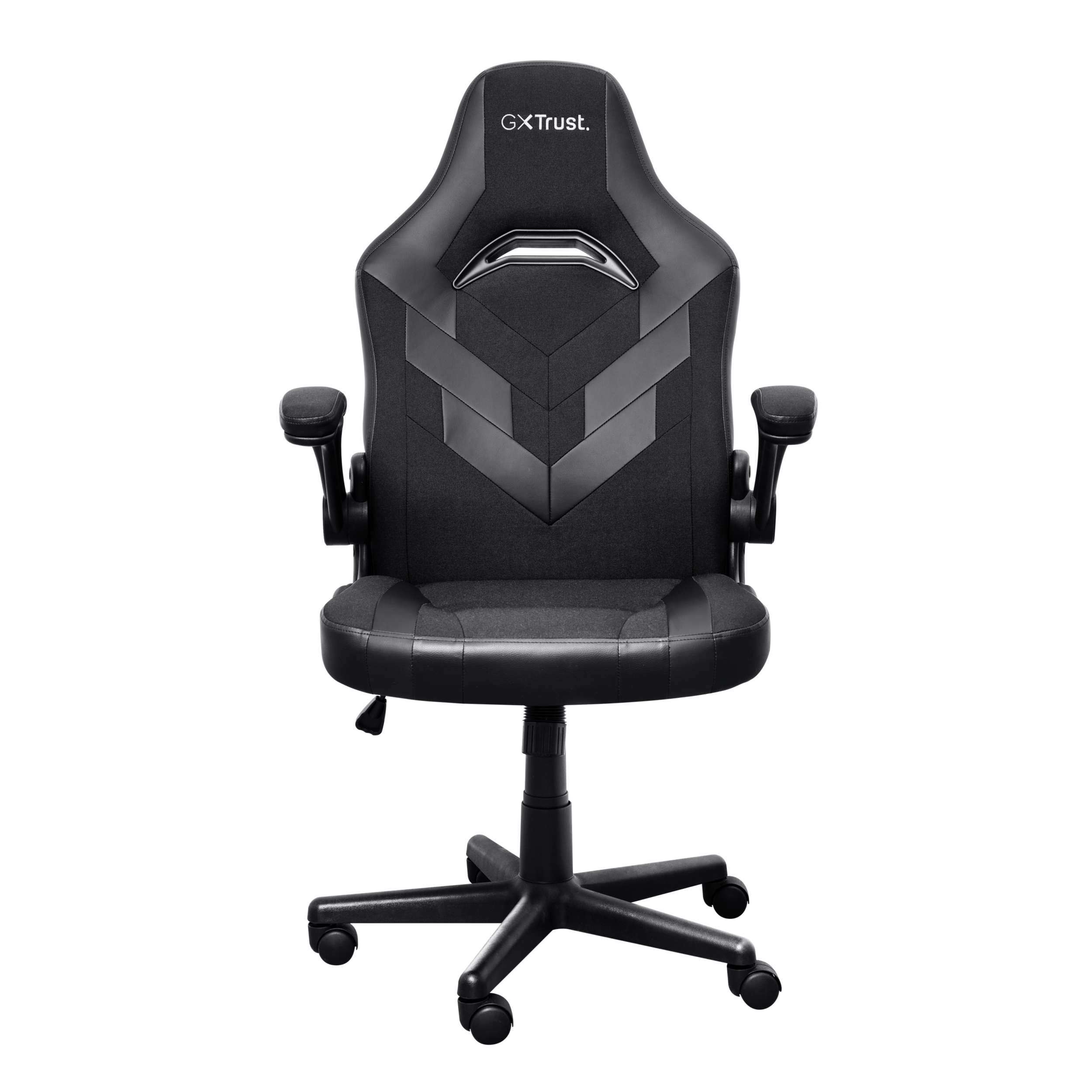 Zwarte gaming stoel met logo en vijfsterren basis, zwarte achtergrond.