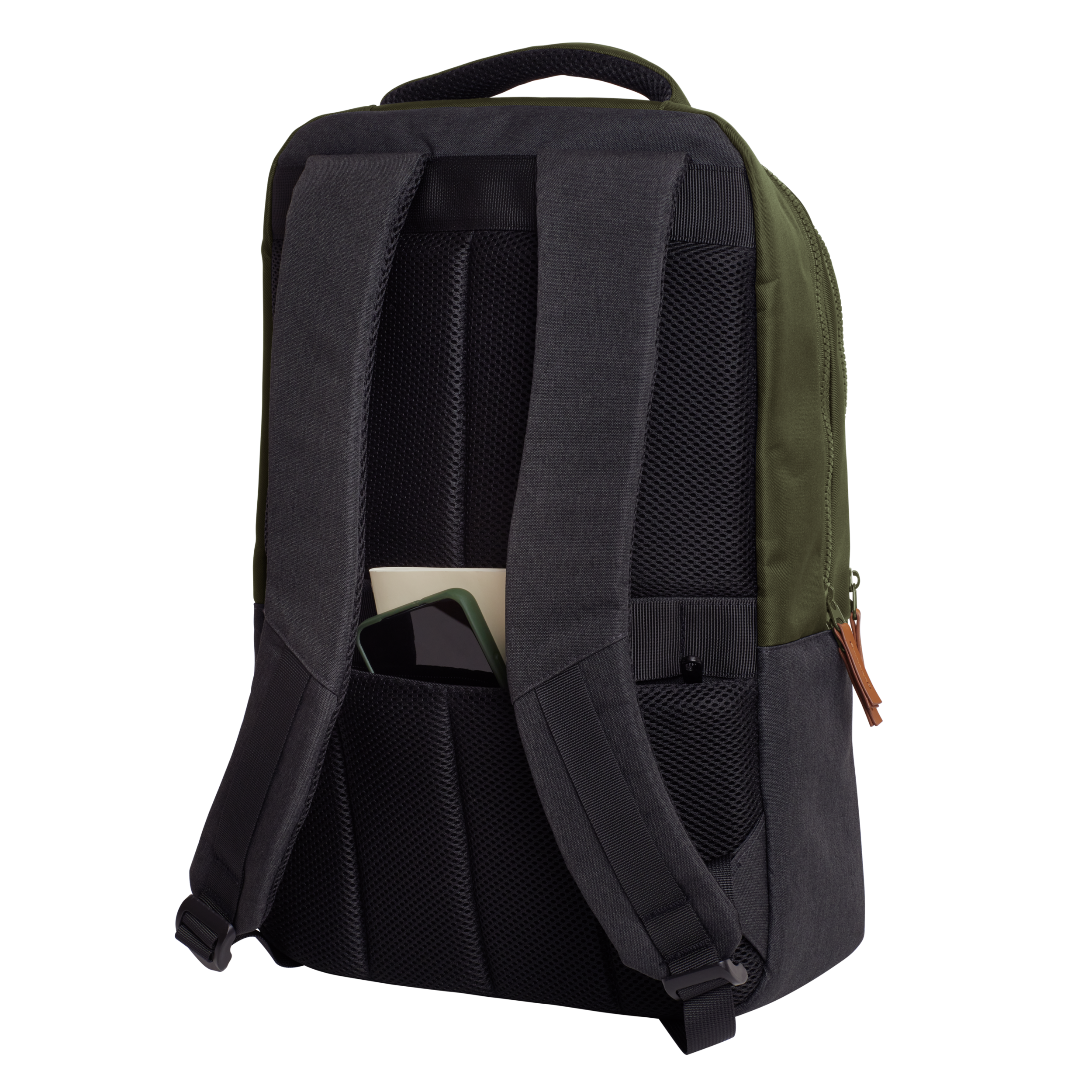 Backpack, black and gray, with a green top, a pocket with a phone, on a black background.