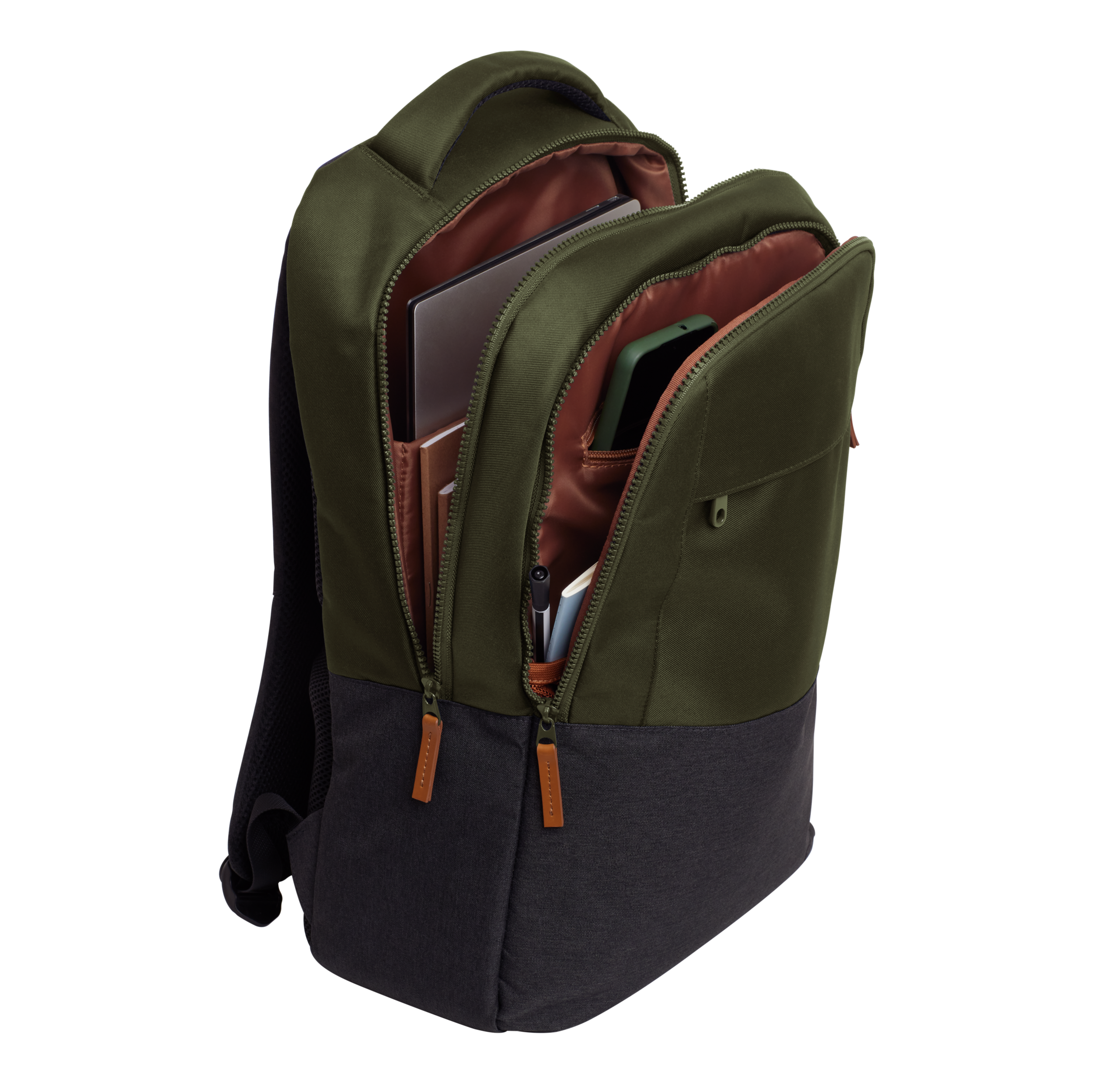 A green and black backpack with its zippers open, displaying a laptop and other items inside.