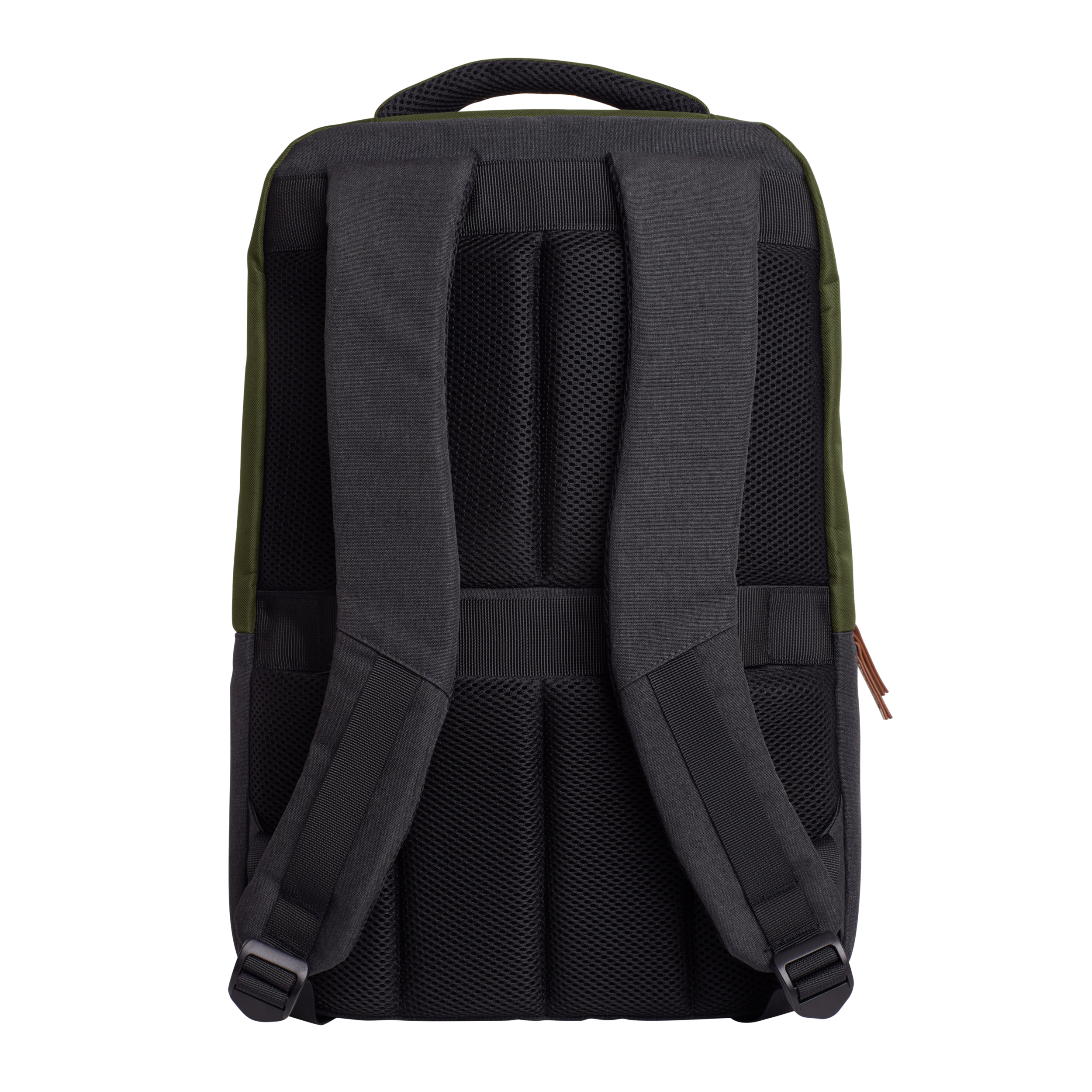 A dark gray backpack with black mesh panels and green accents on the sides.