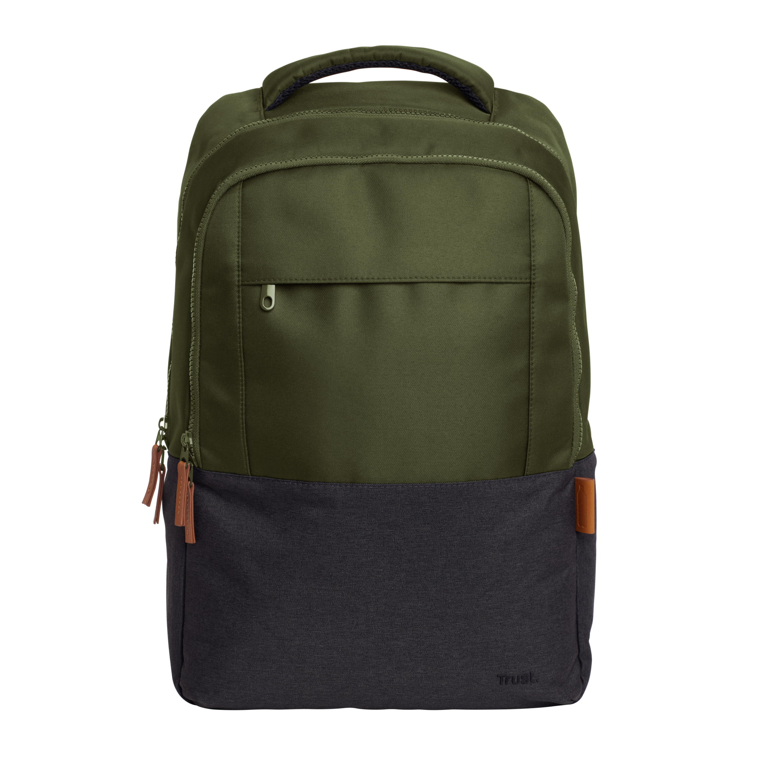 Green and black backpack with a handle and a small zipper pocket, on a black background.